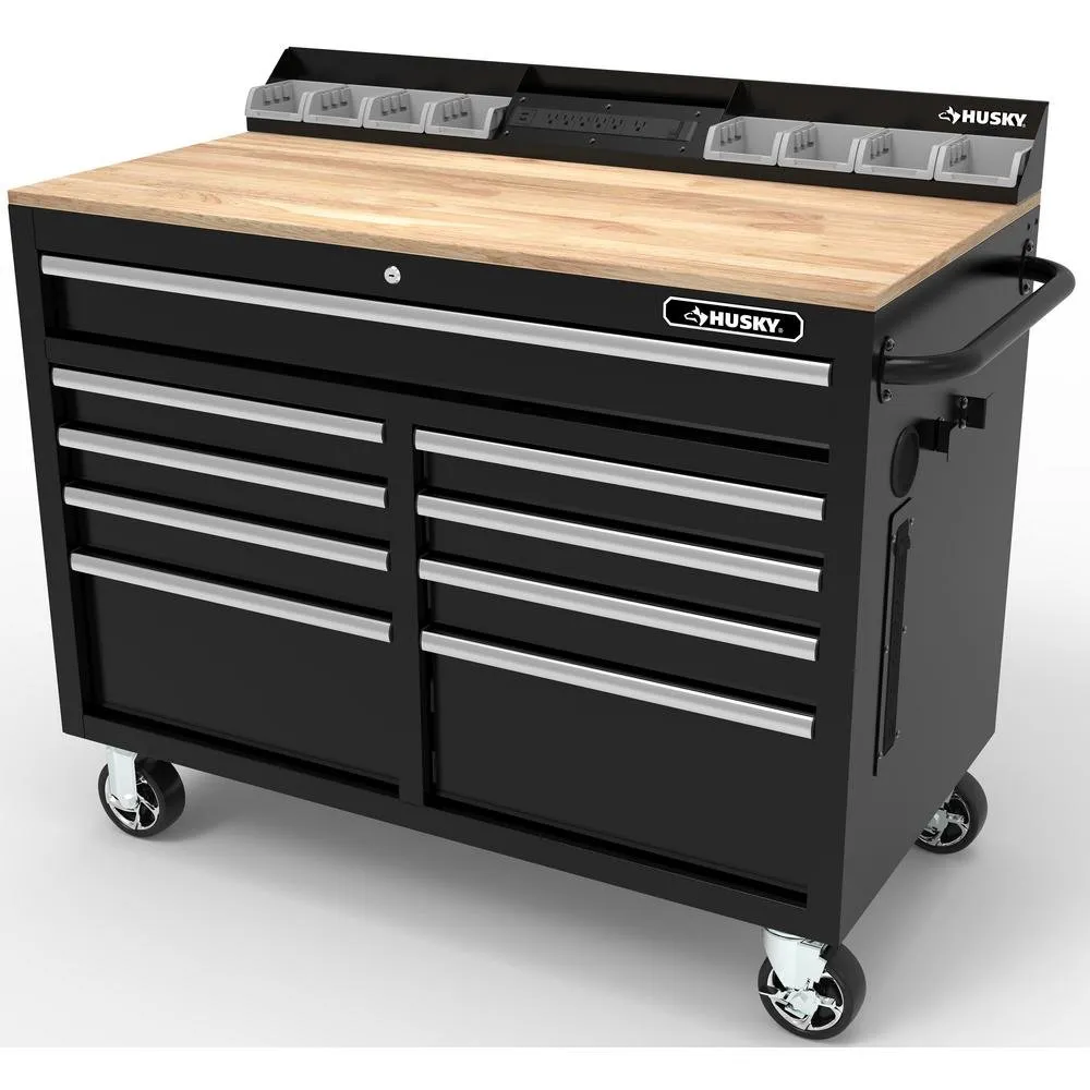 🔥Special Offer Only Today - 46 in. W x 24.5 in. D 9-Drawer Gloss Black Deep Tool Chest Mobile Workbench with Hardwood Top and Power Station