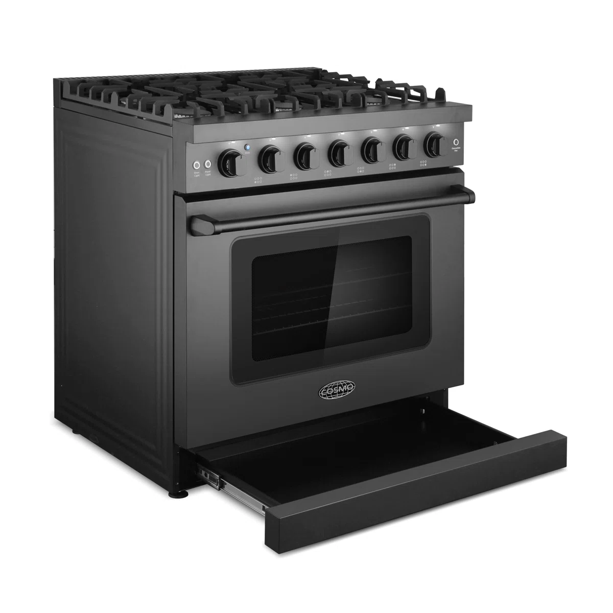 Cosmo 36 In. Haven Collection 6.0 Cu. Ft. Gas Range, 6 Burners, Convection Oven, Knob Leds, Storage Drawer, Matte Black COS-EPGR366-BK