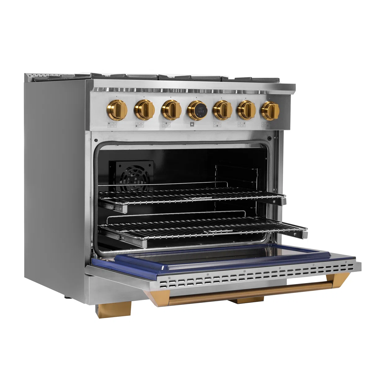 36 in. 5.2 cu. ft. Dual Fuel Range in Stainless Steel with Gold Accents and Kucht Horus Thermostat KXP36/LP-GL