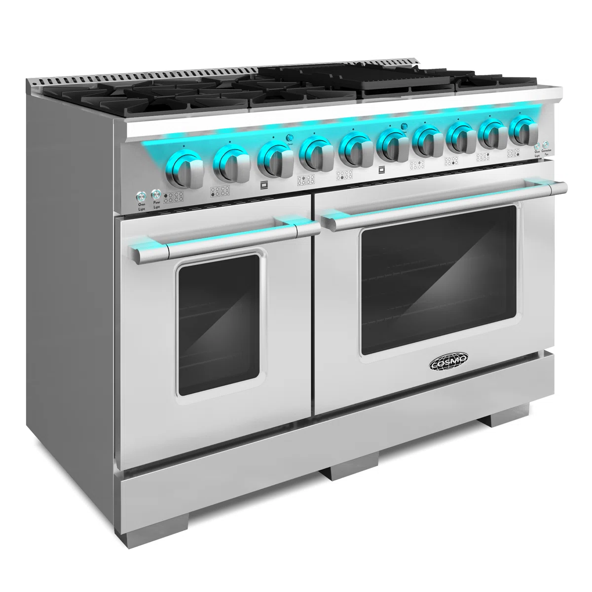 Cosmo 48 In. Lumin Collection 5.5 Cu. Ft. Double Oven Dual Fuel Range With 8 Burners, Cast Iron Grates In Stainless Steel COS-DFRP488K