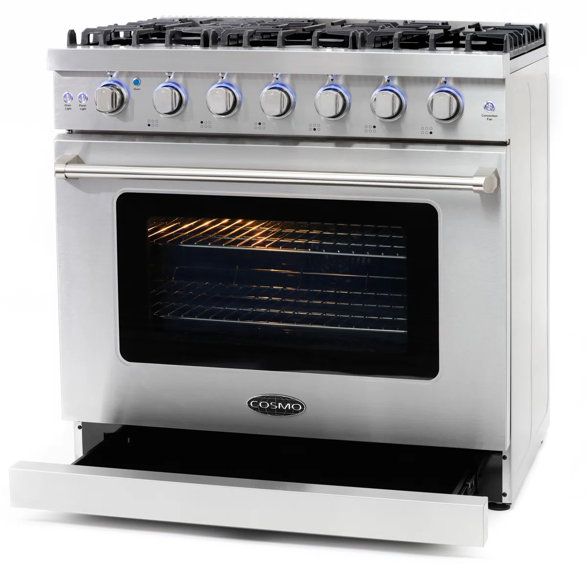 Cosmo 36 in. Haven Collection 6.0 cu. ft. Gas Range, 6 Burners, Convection Oven, Knob LEDs, Storage Drawer, Stainless Steel COS-EPGR366