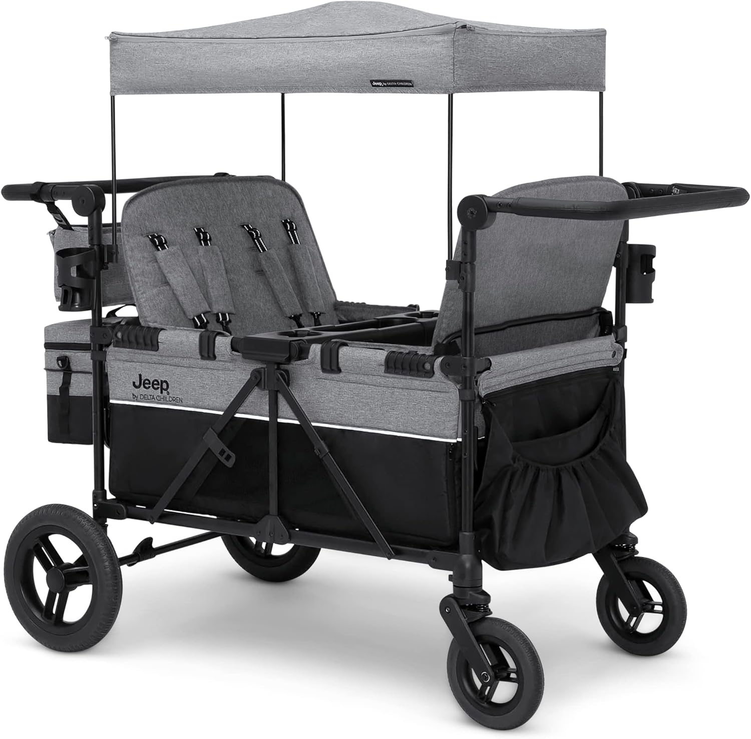 Jeep Wrangler Deluxe 4 Seater Stroller Wagon by Delta Children - Premium Quad Stroller Wagon for 4 Kids with Convertible Seats, Adjustable Push/Pull Handles, Removable Canopy & Flat Fold, Grey