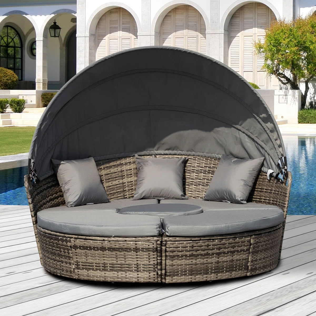 Jazmyne Outsunny 4 Piece Round Rattan Daybed, Convertible Patio Furniture Set, Adjustable Sun Canopy, Sectional Outdoor Sofa, 2 Chairs, Extending Tea Table Ottoman Chair, 3 Pillows