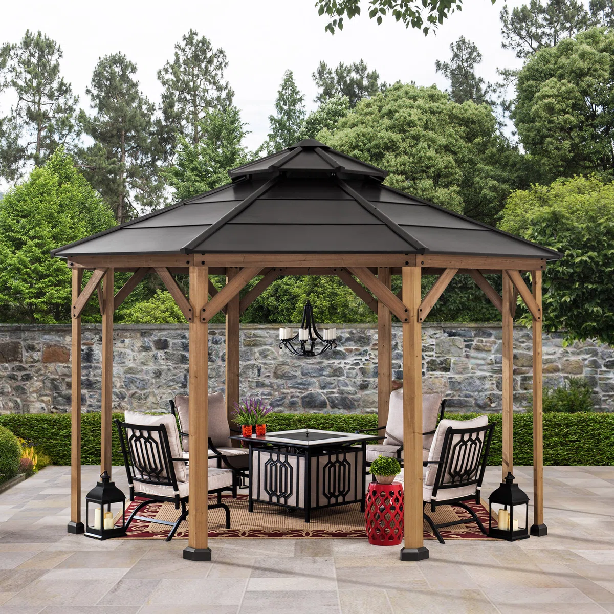 Sunjoy 13 x 13 ft. Cedar Framed Octagon Wood Gazebo with Double Tiered Steel Hardtop Roof and Ceiling Hook for Garden, Backyard Shade