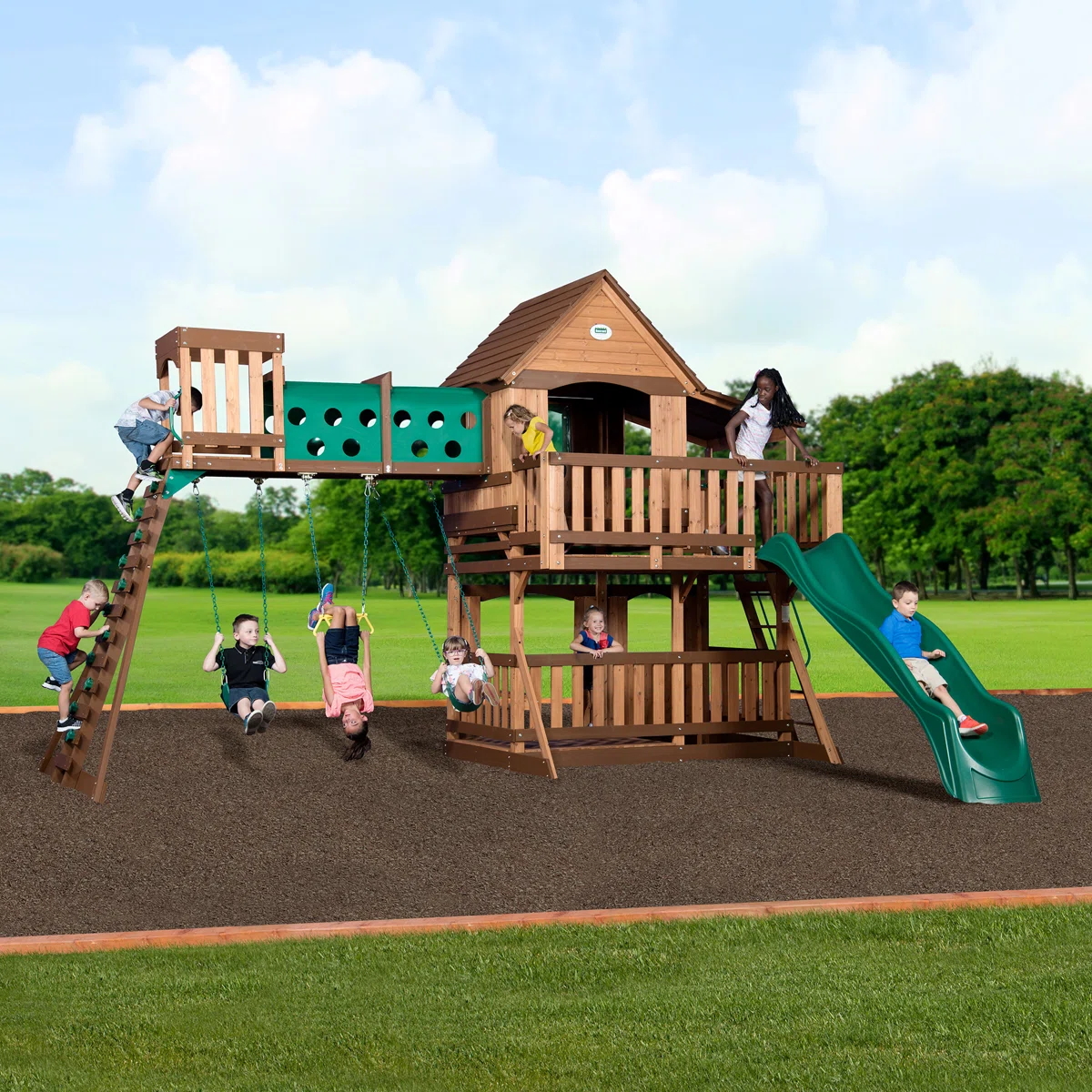 Backyard Discovery Woodridge Elite Cedar Wood Swing Set with Wave Slide, Clubhouse, Crawl Tunnel, and Crow's Nest