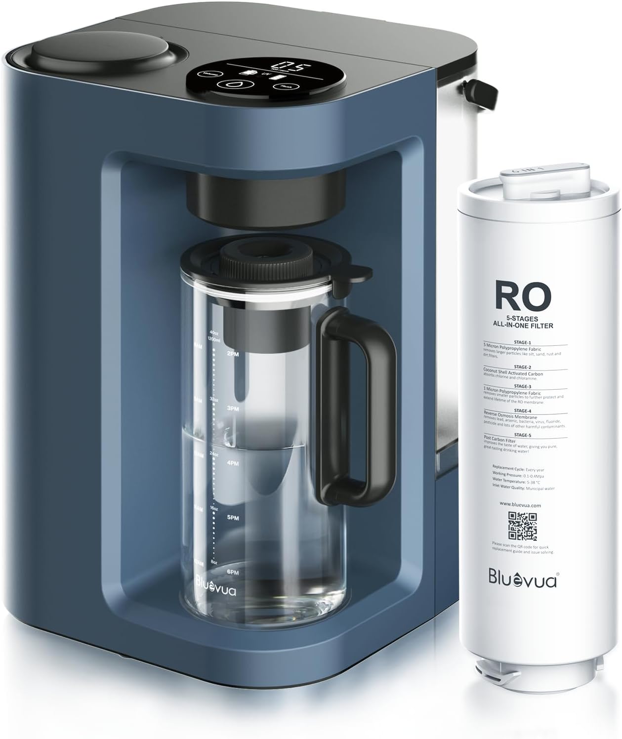 Bluevua RO100ROPOT-LITE Countertop Reverse Osmosis Water Filter System, 5 Stage Purification, 3:1 Pure to Drain, Portable Water Purifier (No Installation Required) (Blue)