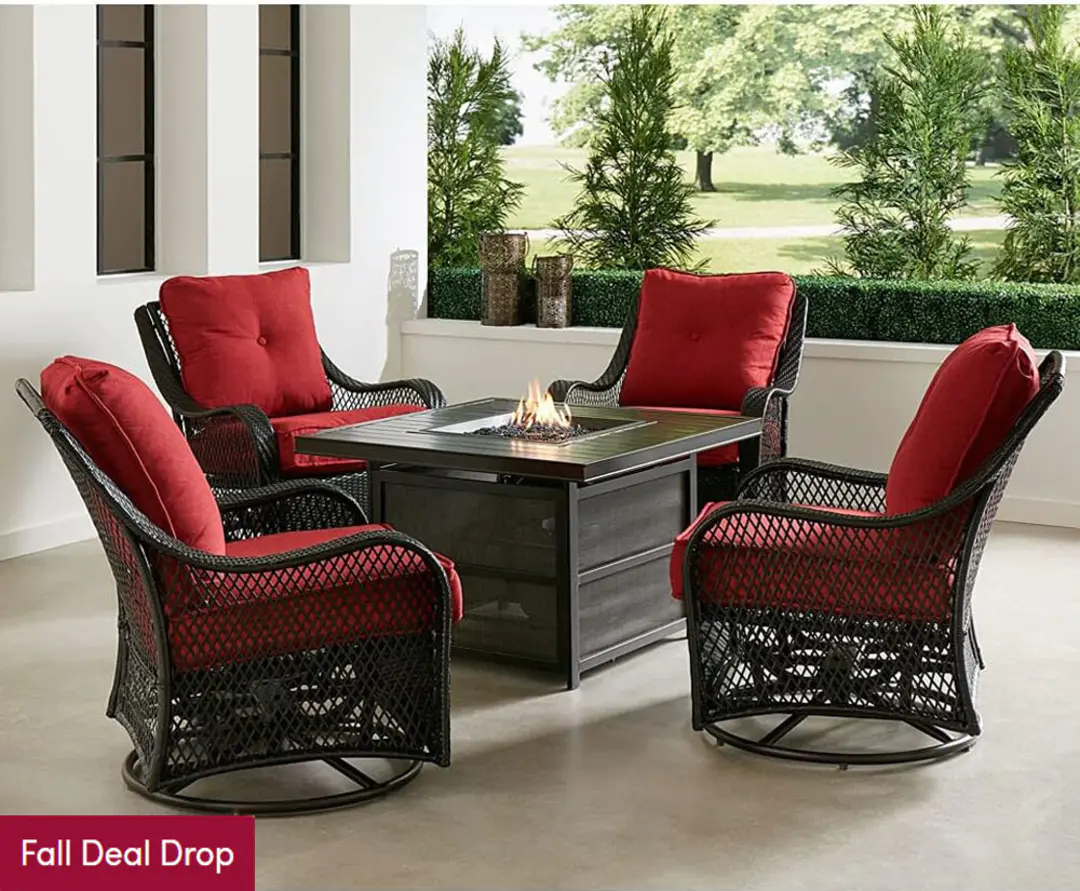 2024 New Hanover Orleans 5-Piece Steel Patio Fire Pit Conversation Set with Cushions, Swivel Gliders and Square Fire Pit Table