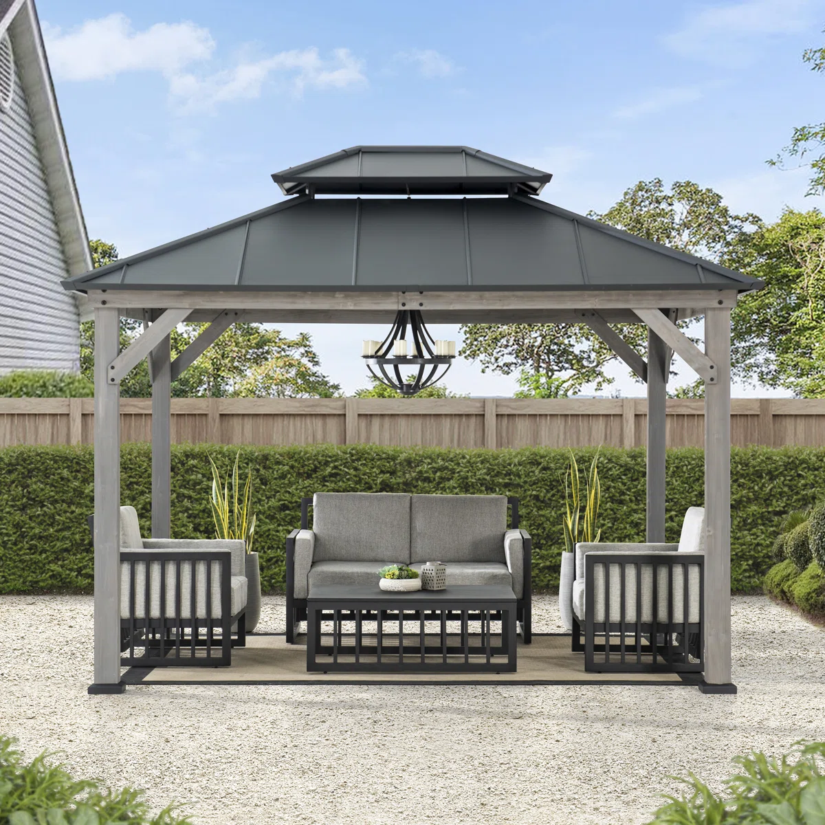 Sunjoy 10 x 12 ft. Wood Gazebo, Outdoor Patio Steel Hardtop Gazebo, Cedar Framed Wooden Gazebo with 2-Tier Metal Roof, Suitable for Patios, Lawn and Backyard
