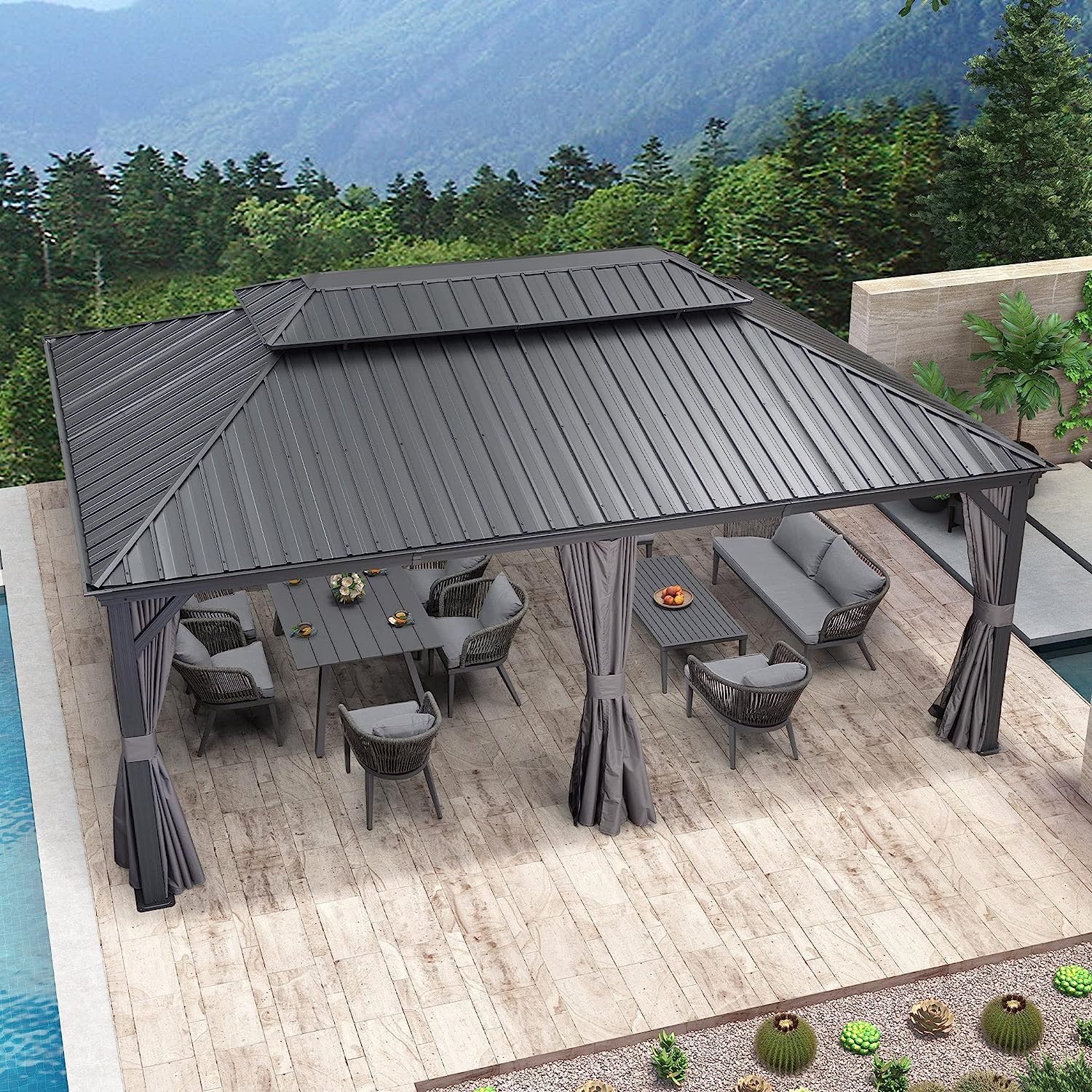 💥Limited Time Promotion💥12′ft X 20′ft Permanent Hardtop Gazebo Aluminum Gazebo with Galvanized Steel Double Roof for Patio Lawn and Garden, Curtains and Netting Included, Grey
