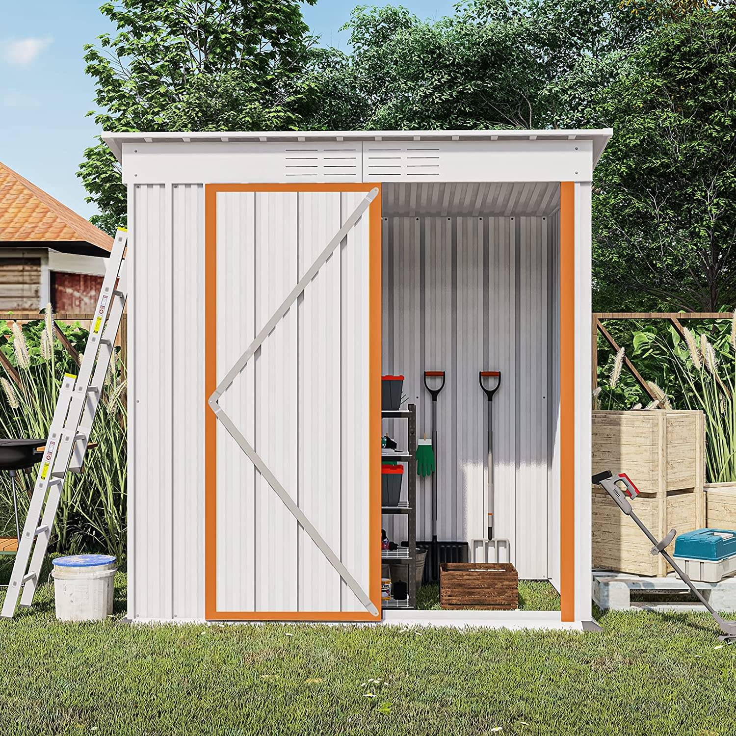 WIILAYOK 5 x 3 ft Outdoor Storage Shed, Galvanized Metal Garden Shed, Tool Storage Shed with Lockable Door, Patio Lawn Backyard Trash Can