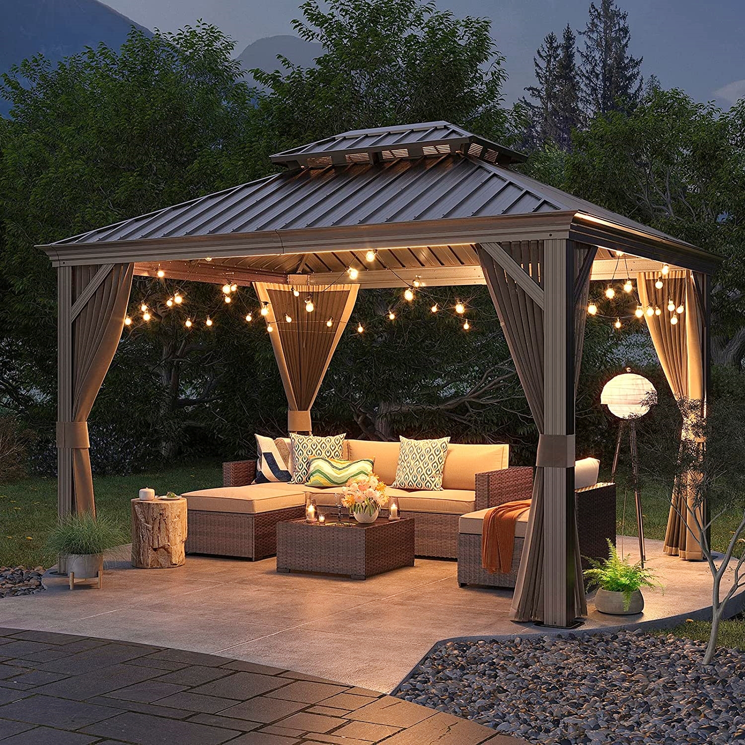 💖Clearance sale✨10’ft x 12’ft Hardtop Gazebo, With Privacy Curtain And Mosquito Net（brown）（Grey）