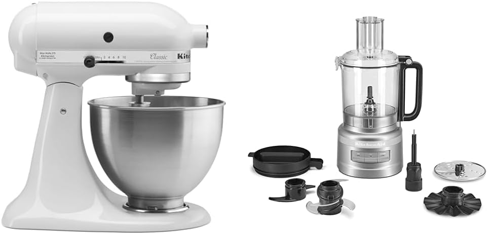 KitchenAid Classic Series 4.5 Quart Tilt-Head Stand Mixer K45SS, White & ® Food Grinder + Fresh Prep Slicer/Shredder Attachment Bundle, White