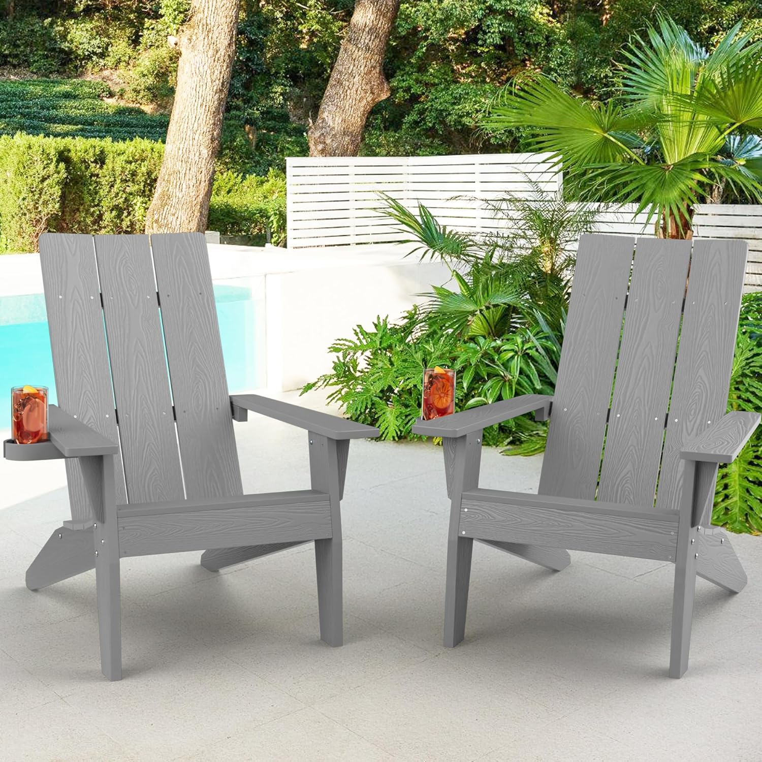 MXIMU Modern Adirondack Chairs Set of 4 Weather Resistant with Cup Holder Oversize Plastic Fire Pit Chairs Plastic Outdoor Chairs for Firepit Area Seating (Black)