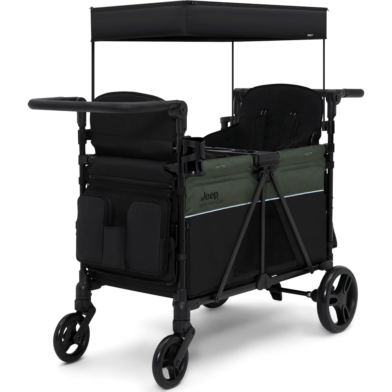 Delta Children - Jeep Wrangler Deluxe 4 Seater Stroller Wagon - Premium Quad Stroller Wagon for 4 Kids with Convertible Seats, Adjustable Push/Pull Handles, Removable Canopy & Flat Fold, Black/Green