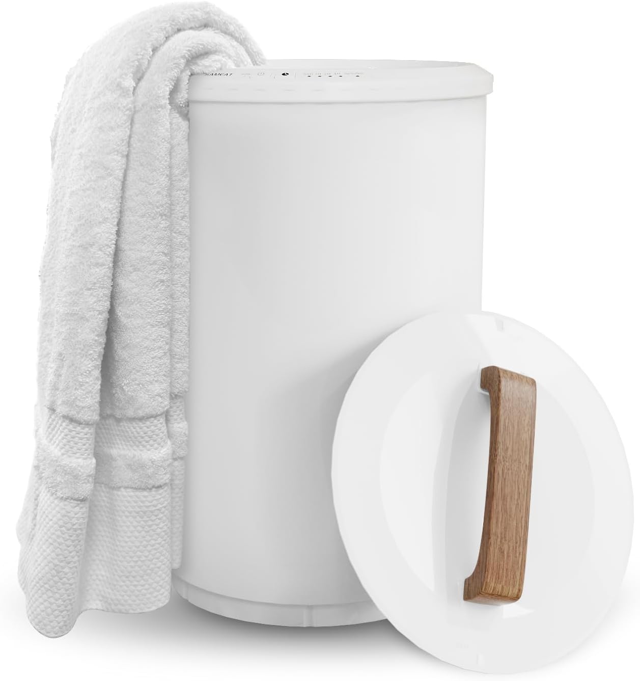 SAMEAT Heated Towel Warmers for Bathroom - Large Towel Warmer Bucket, Wood Handle, Auto Shut Off, Fits Up to Two 40