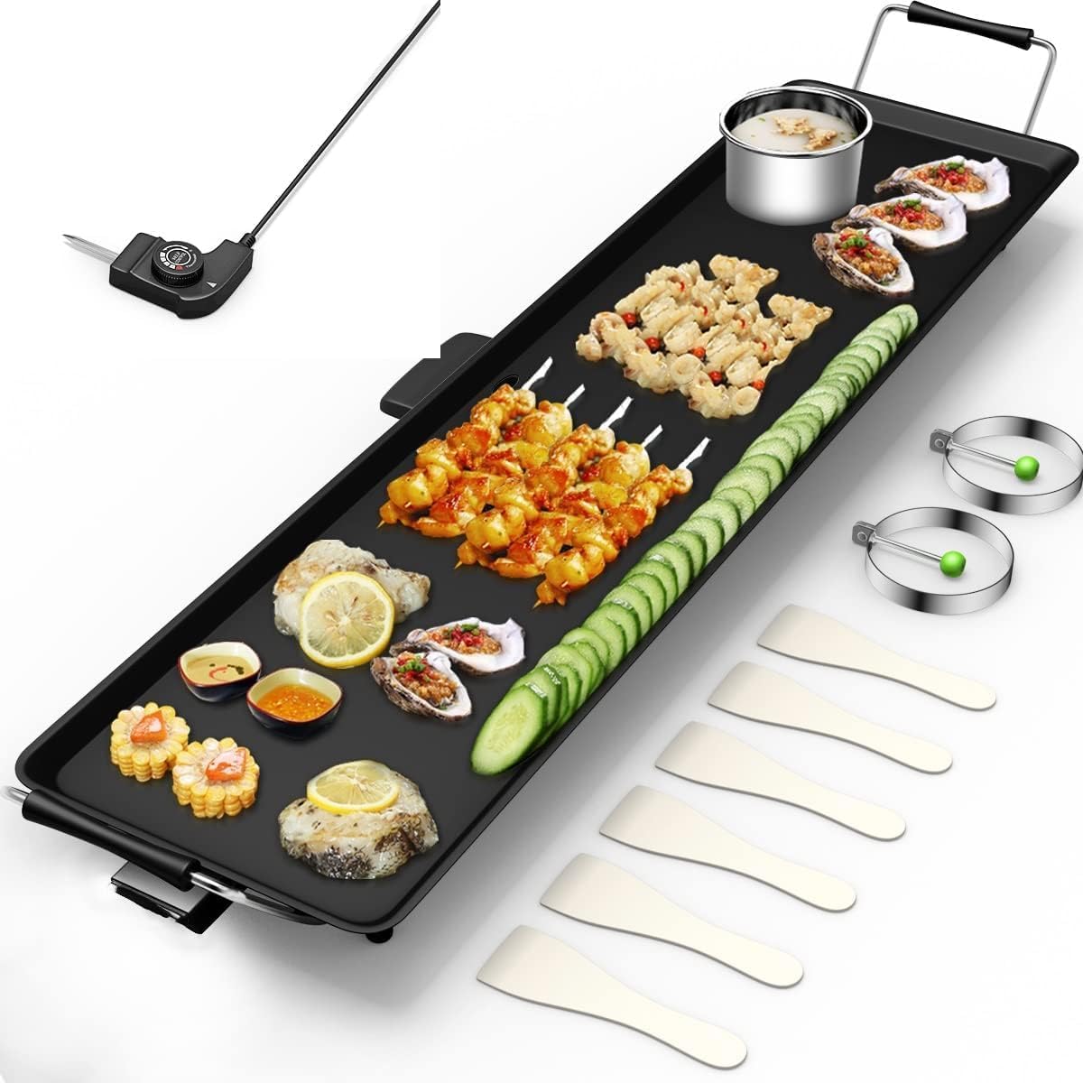 Electric Teppanyaki Grill Griddle, BBQ Smokeless Grills, 2000W Indoor Outdoor Barbecue Griddles Table Top with Nonstick Surfaces and Adjustable 5 Temperature Setting