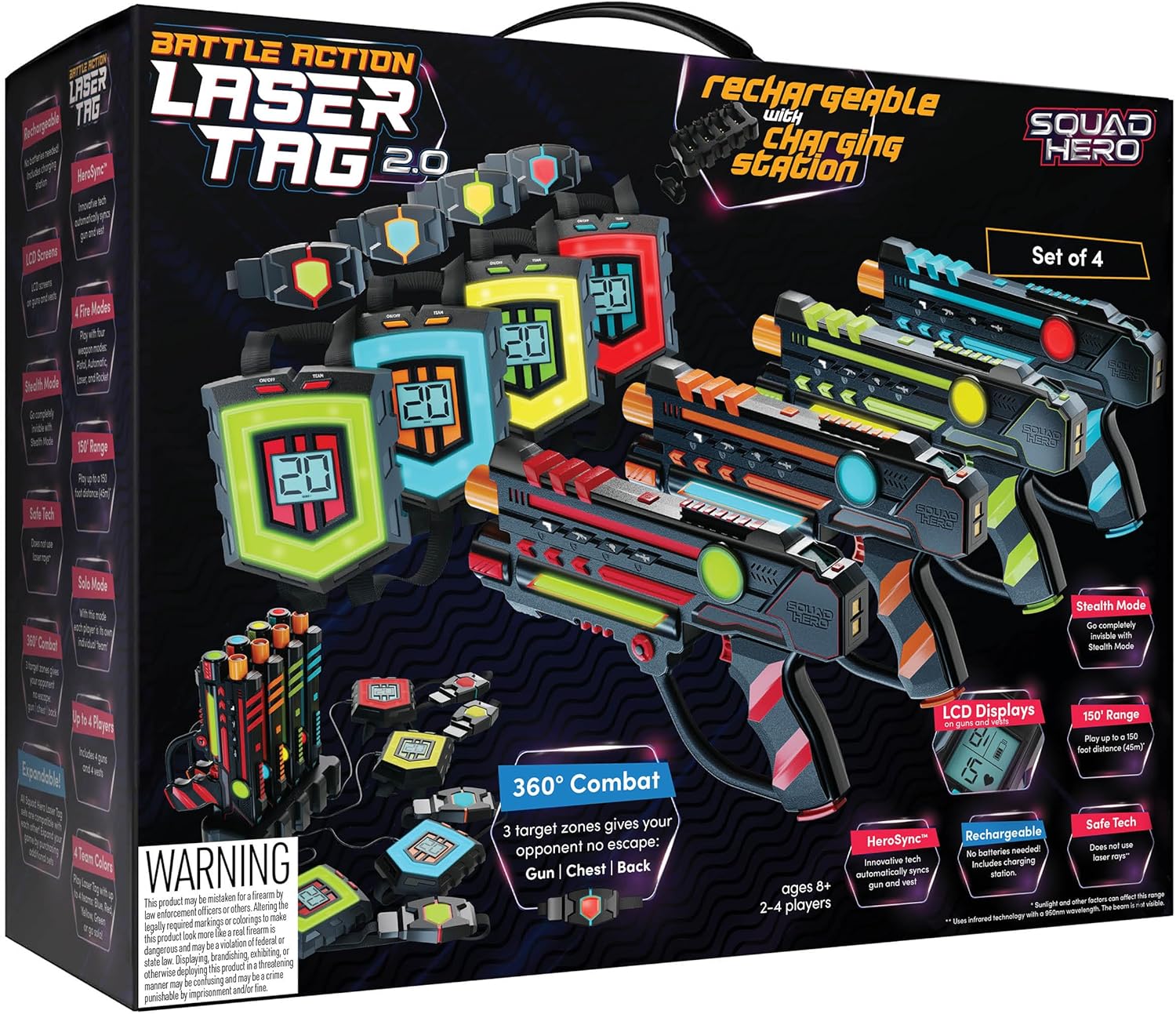 Squad Hero Rechargeable Laser Tag 360° Sensors + LCDs - Set of 4 - Gift Ideas for Kids Teens and Adults Boys & Girls Family Fun - Cool Teenage Lazer Group Activity - Teen Gifts Ages 8+ Year Old Boy
