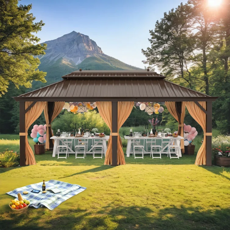 20 Ft. W x 12 Ft. D Hardtop Patio Gazebo, Outdoor Hardtop Gazebo with Double Roof