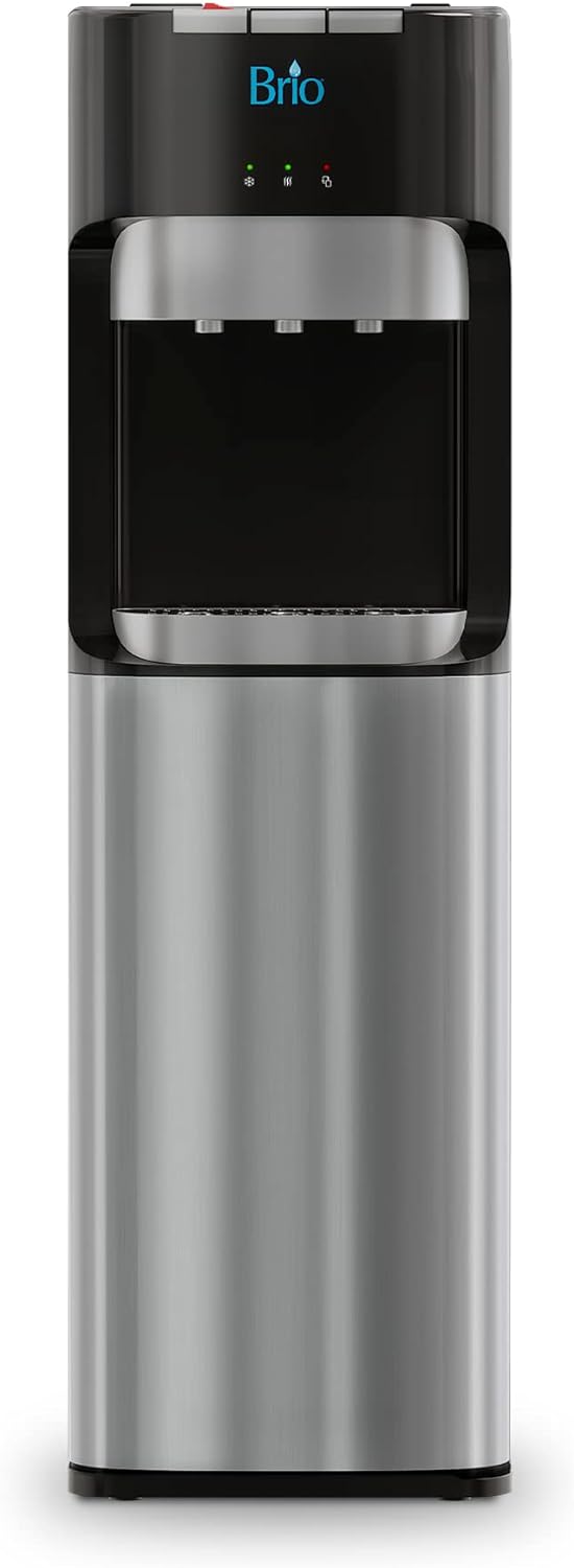 Brio Bottom Loading Water Cooler Dispenser for 5 Gallon Bottles - 3 Temperatures with Hot, Room & Cold Spouts, Child Safety Lock, LED Display with Empty Bottle Alert, Stainless Steel
