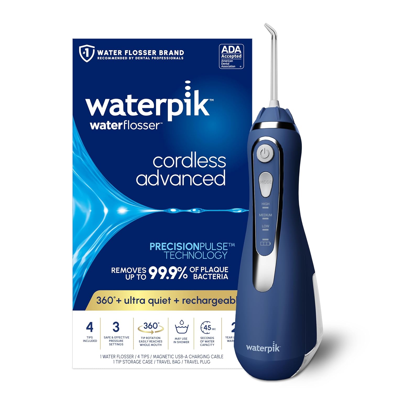Waterpik Cordless Advanced 2.0 Water Flosser For Teeth, Gums, Braces, Dental Care With Travel Bag and 4 Tips, ADA Accepted, Rechargeable, Portable, and Waterproof, Black WP-582, Packaging May Vary