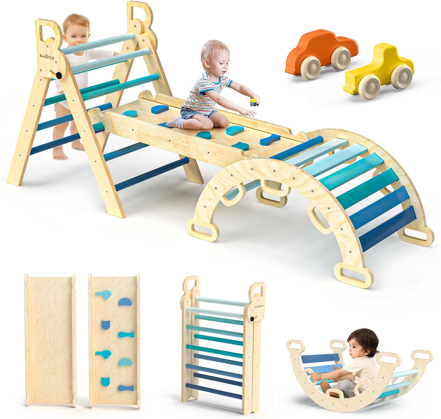 BlueWood Pikler Triangle Set 7in1 Foldable Baby Climbing Wooden Toys with Arch&Ramp&Ladder Climber Indoor Jungle Gyms for Toddlers - Natural Wood