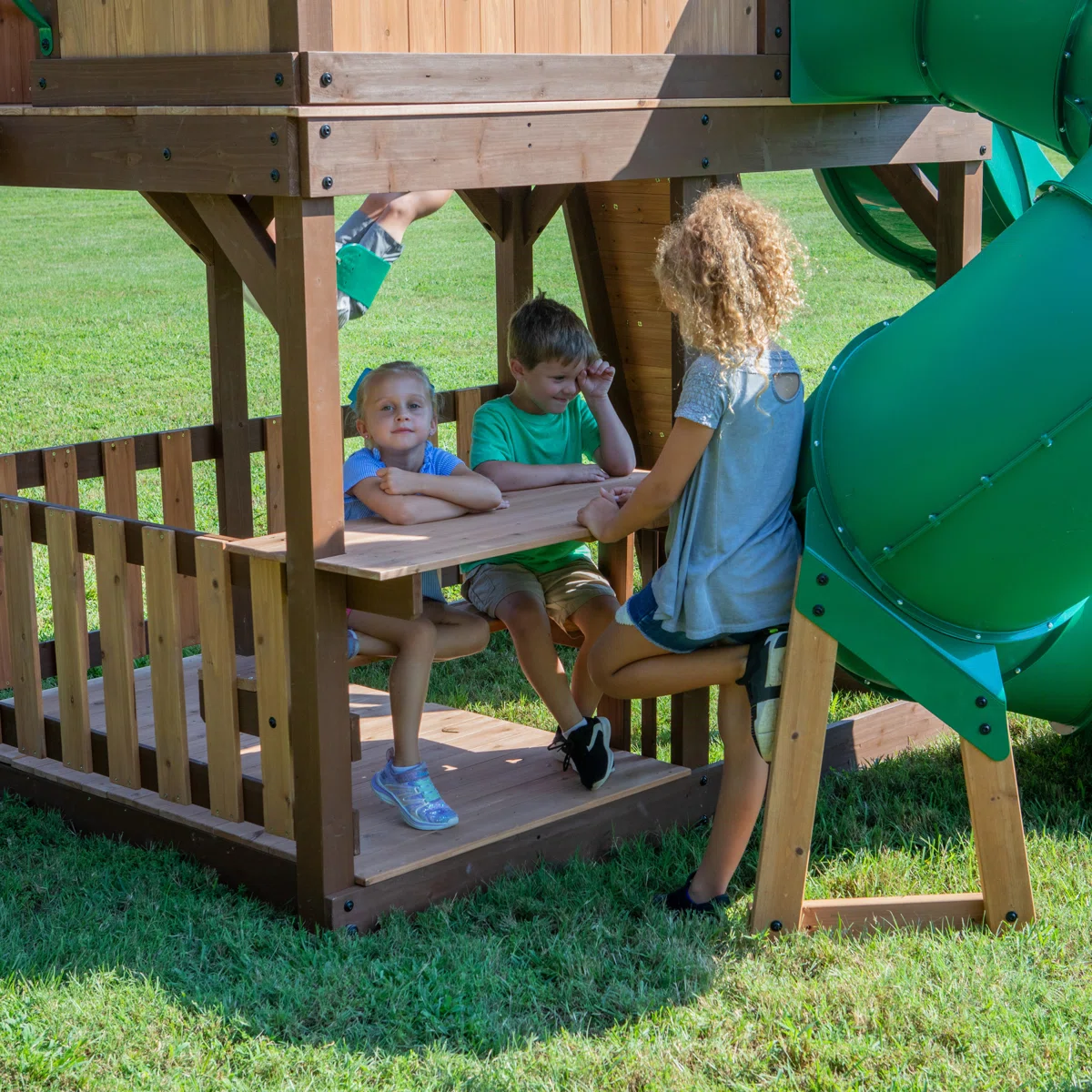 Backyard Discovery Skyfort II Cedar Wood Swing Set with Spiral Tube Slide, Clubhouse, Crow's Nest, and Picnic Table