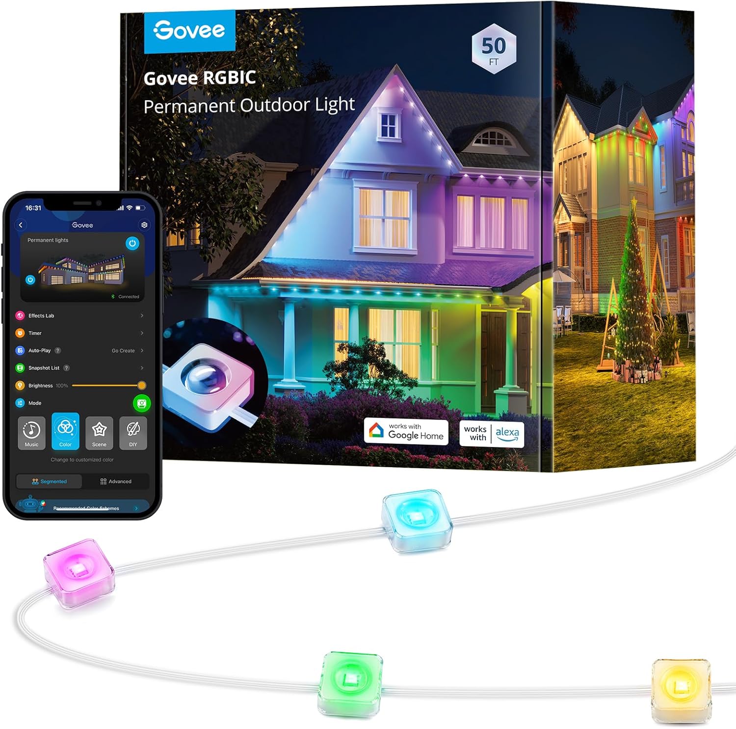 Govee Permanent Outdoor Lights, Smart RGBIC Outdoor Lights with 75 Scene Modes, 100ft with 72 LED Christmas Lights, IP67 Waterproof for Christmas Decorations, Work with Alexa, Google Assistant, Black