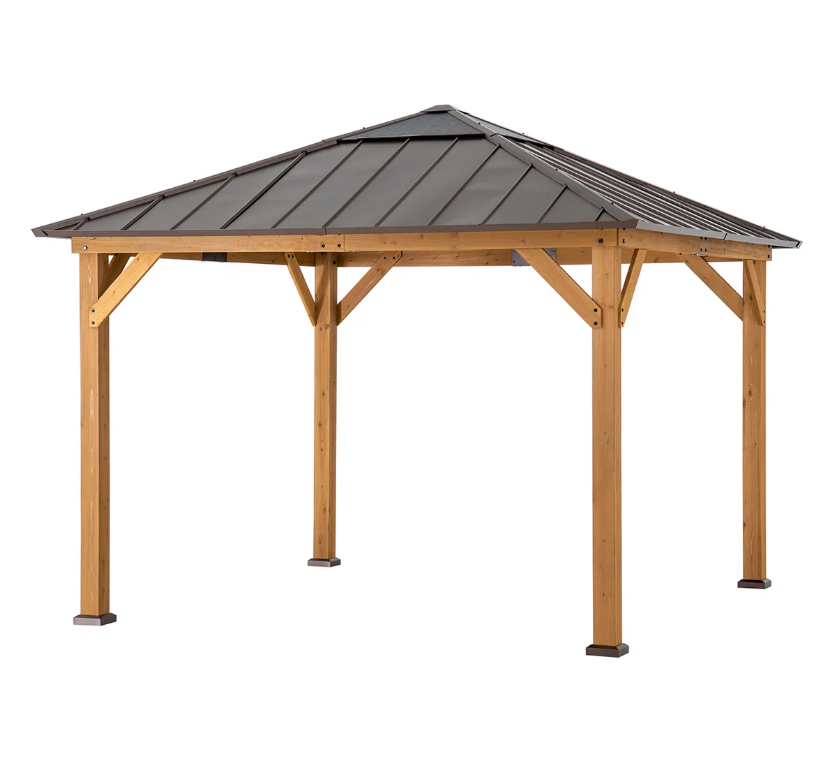 Sunjoy Hardtop Gazebo 11 x 11 ft. Cedar Framed Wood Gazebo with Brown Steel and Polycarbonate Hip Roof Hardtop for Garden, Backyard Shade