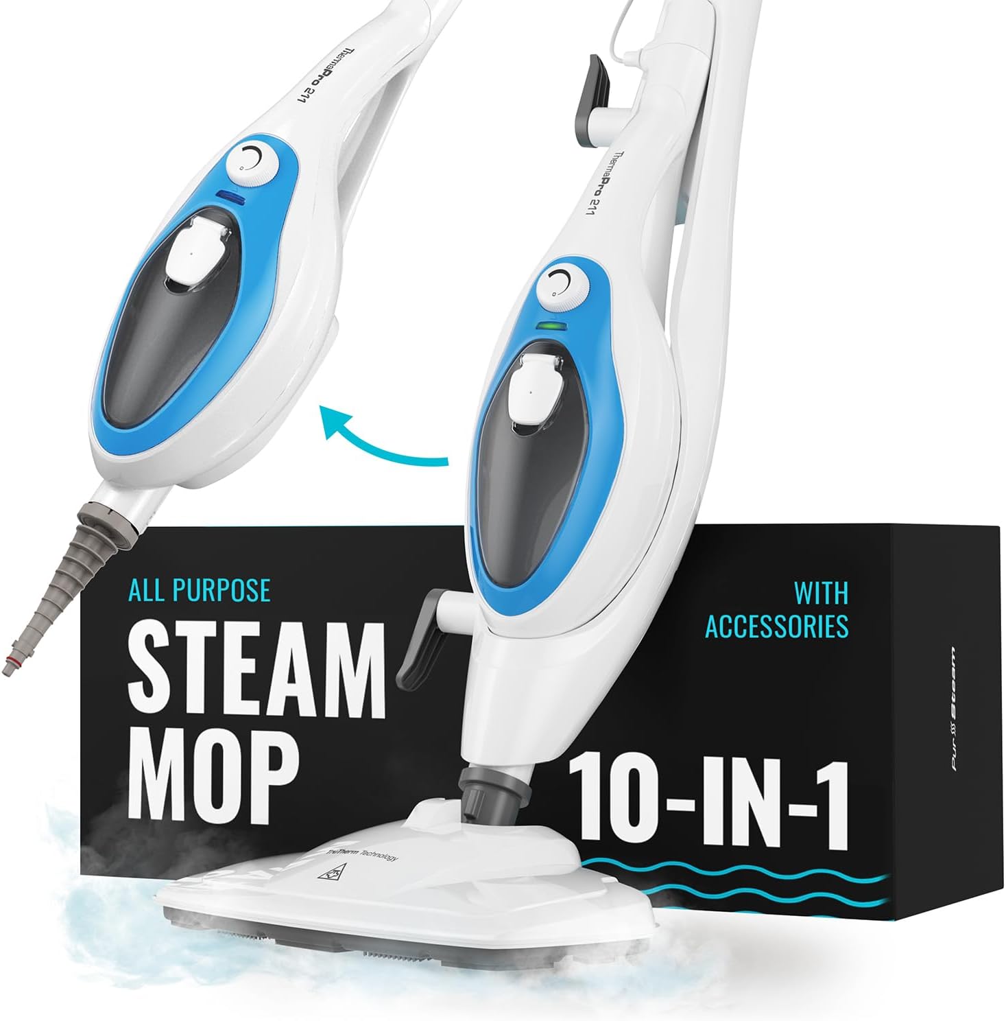 PurSteam ScrubMaster Steam Mop with Dual Scrubbing Head, LED Headlights, Adjustable Steam Control, Anti-Slip Swivel Head, Cable Holder & Upright Lock
