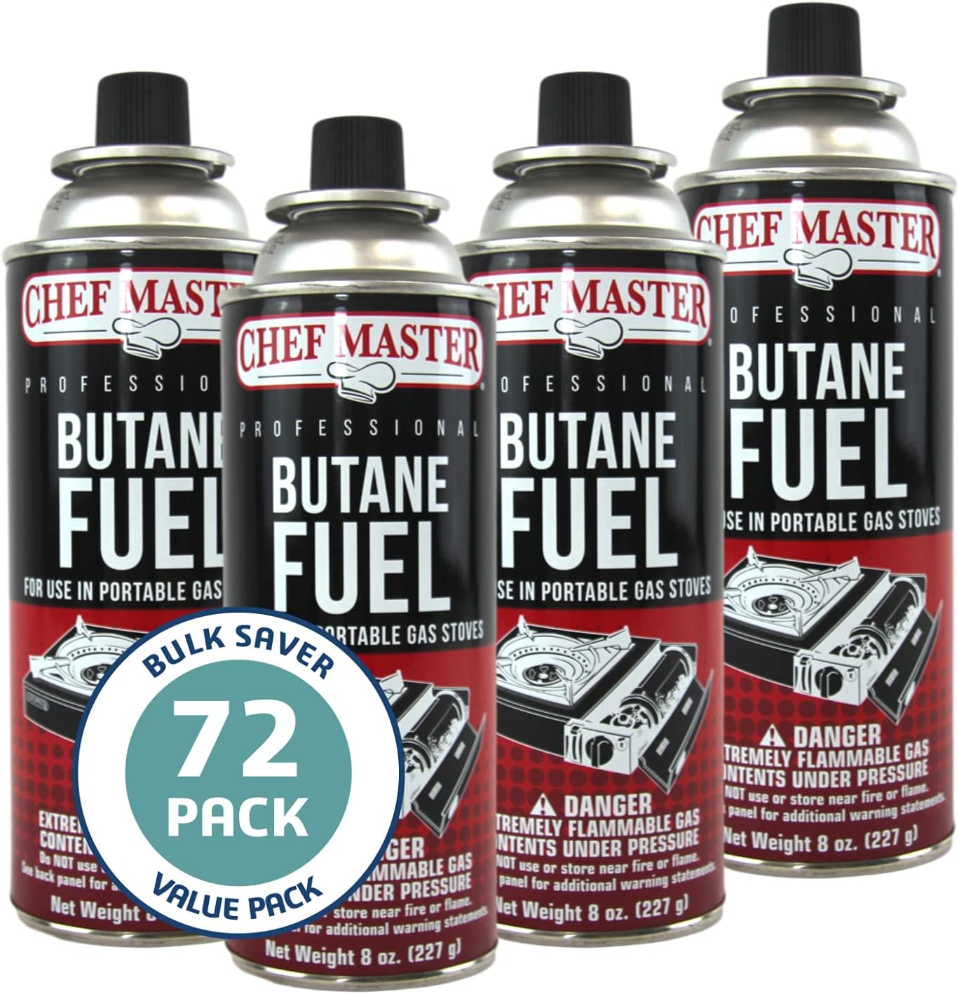 72 x 8oz. Butane Fuel Canister, Butane Fuel Refill for Butane Camp Stove, Kitchen Torch, Butane Tin Can for Portable Stove for Emergencies, Cooking, Grilling, Picnic & Camping by Chef Master 90340