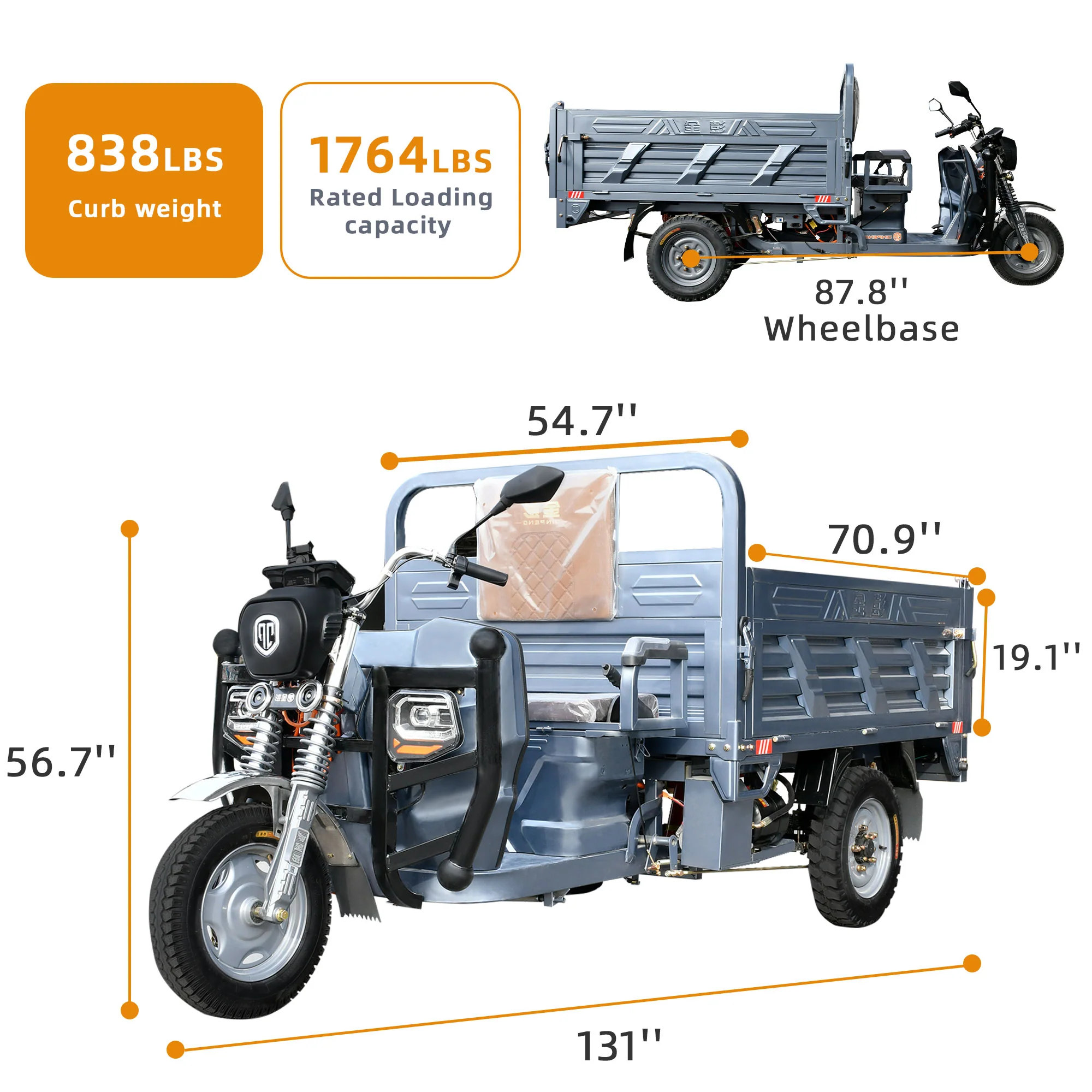 1500W Electric Cargo Tricycle Truck with Hydraulic Dump for Easy Unloading