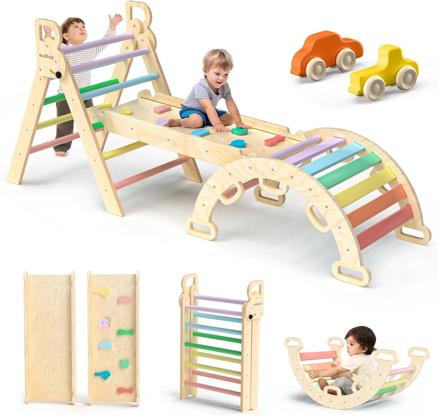 BlueWood Pikler Triangle Set 7in1 Foldable Baby Climbing Wooden Toys with Arch&Ramp&Ladder Climber Indoor Jungle Gyms for Toddlers - Natural Wood