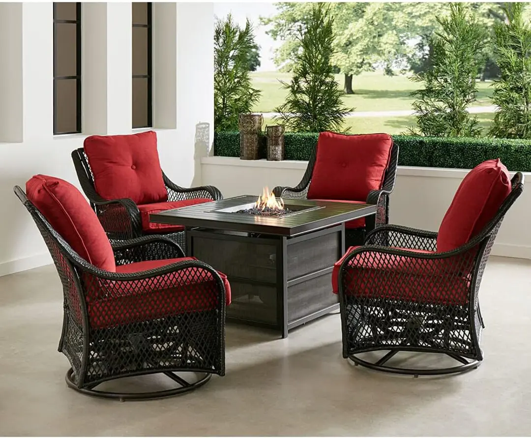 2024 New Hanover Orleans 5-Piece Steel Patio Fire Pit Conversation Set with Cushions, Swivel Gliders and Square Fire Pit Table
