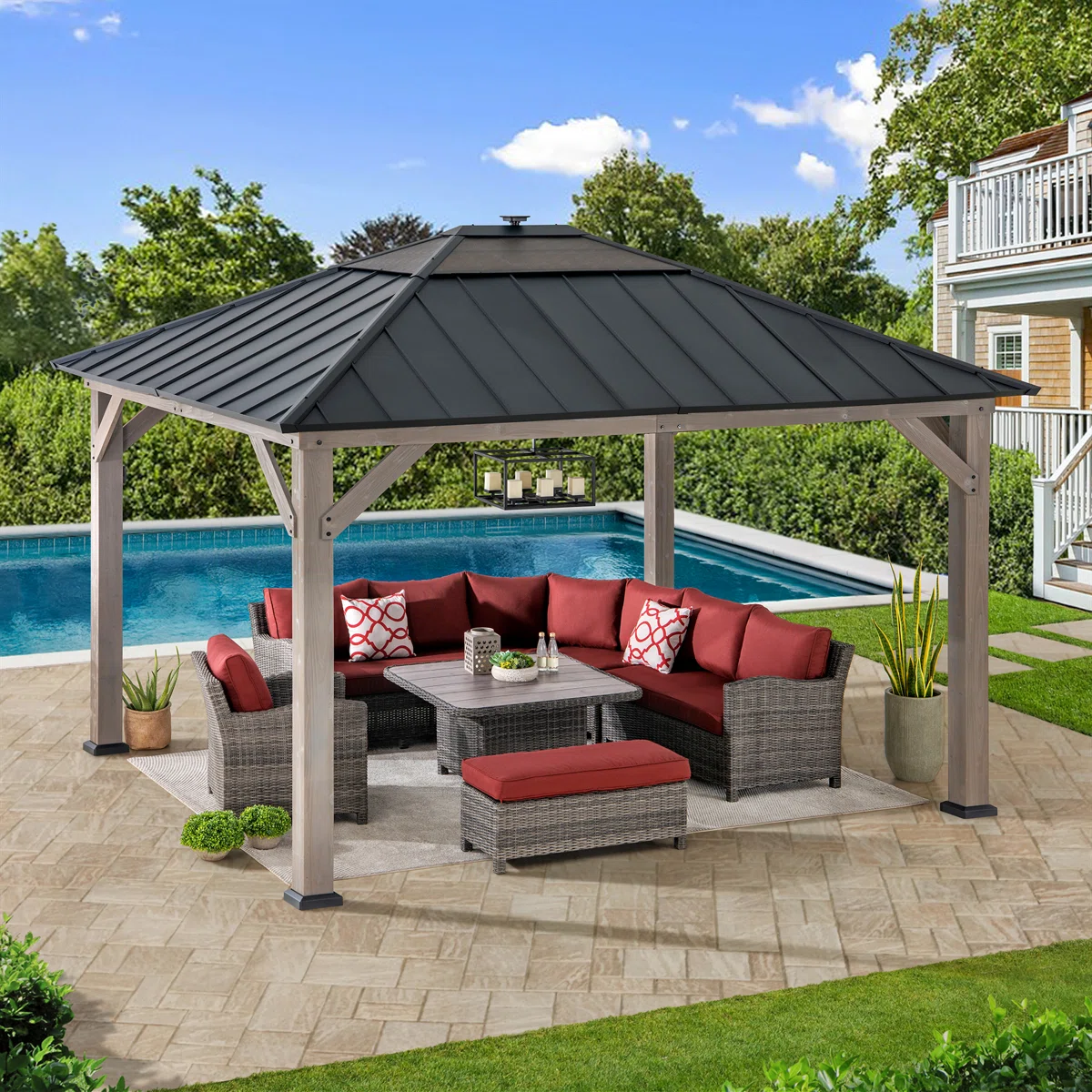 Sunjoy 11’ x 13’ Grayden Wood Gazebo , Outdoor Patio Solar Powered Hardtop Gazebo with One-Tier Metal Roof, LED Light and Ceiling Hook