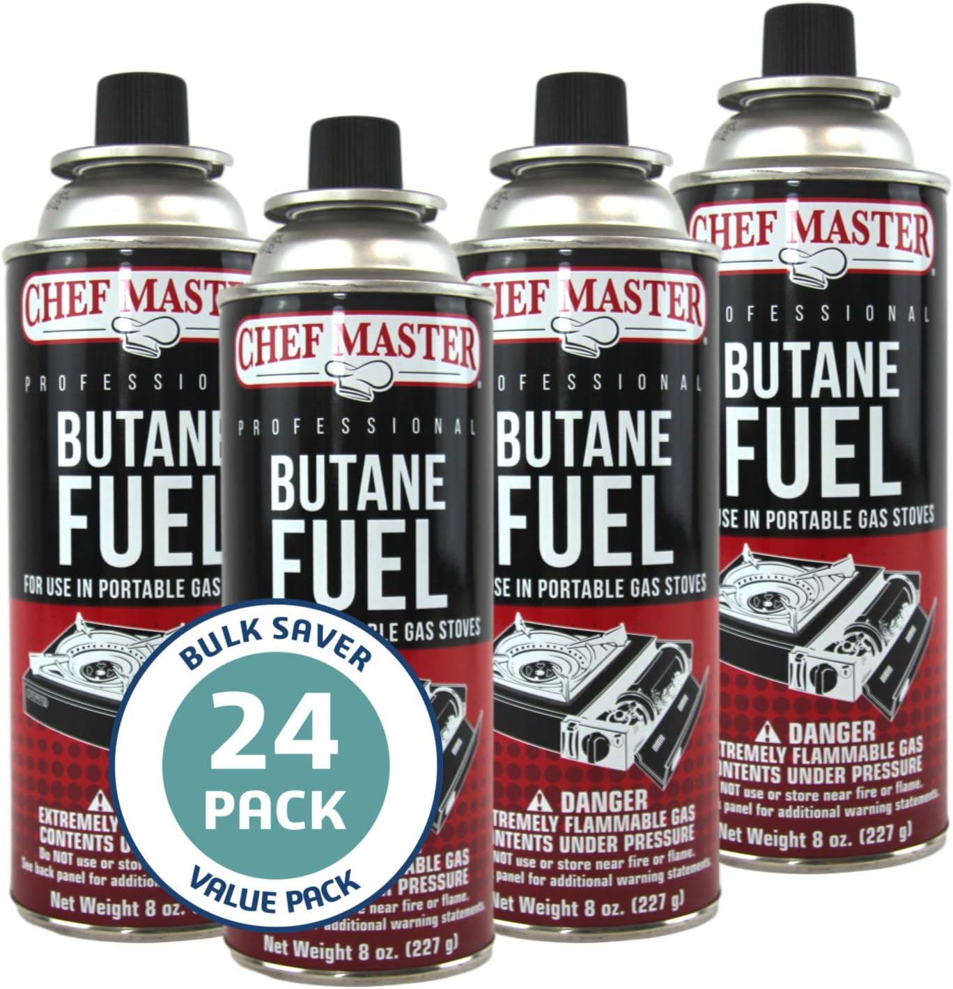72 x 8oz. Butane Fuel Canister, Butane Fuel Refill for Butane Camp Stove, Kitchen Torch, Butane Tin Can for Portable Stove for Emergencies, Cooking, Grilling, Picnic & Camping by Chef Master 90340