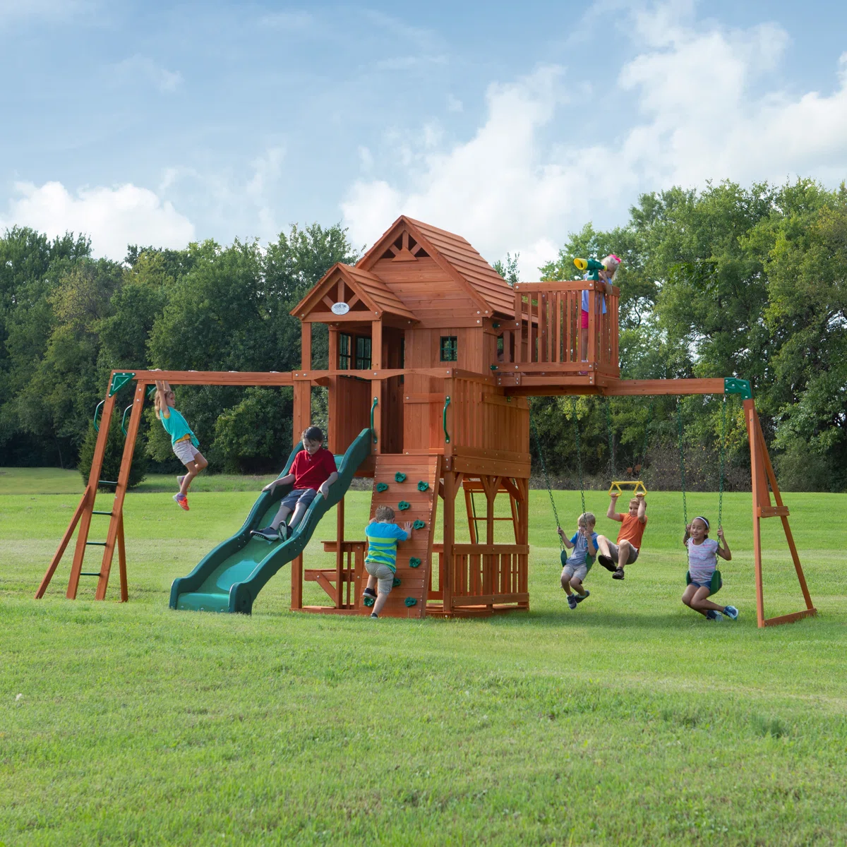 Backyard Discovery Skyfort II Cedar Wood Swing Set with Wave Slide, Clubhouse, Crow's Nest, and Monkey Bars
