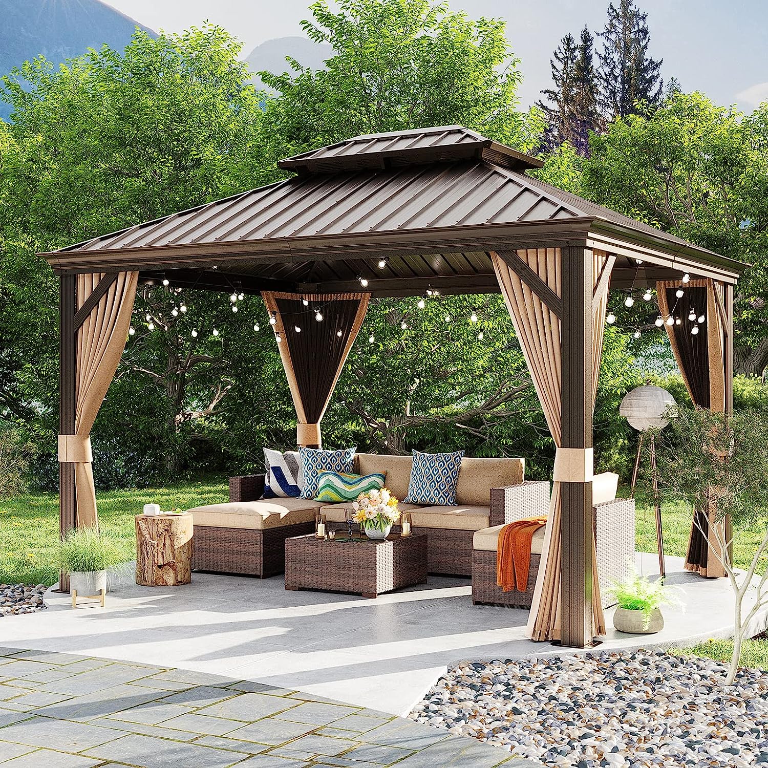 💖Clearance sale✨10’ft x 12’ft Hardtop Gazebo, With Privacy Curtain And Mosquito Net（brown）（Grey）