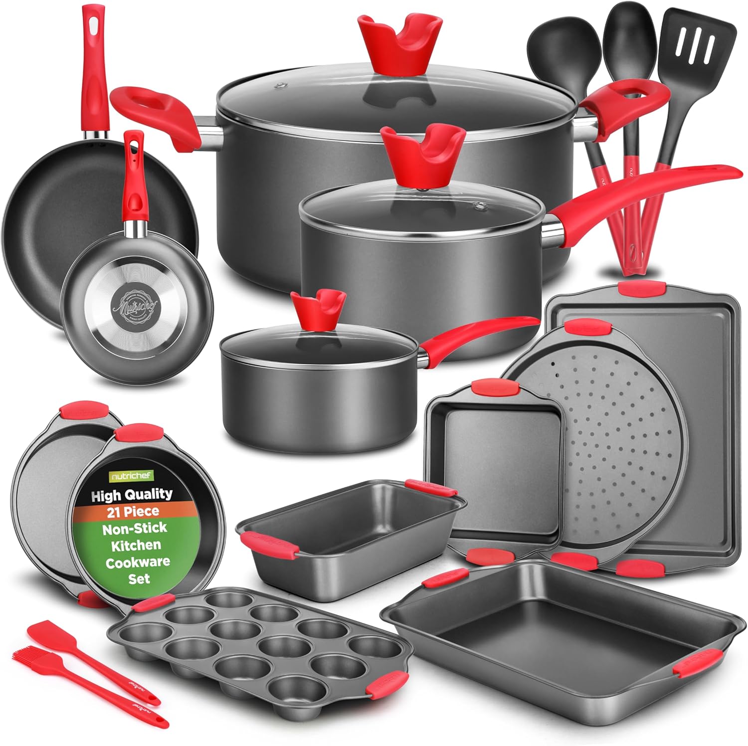 NutriChef Non-Stick Kitchen Oven Baking Pans-Deluxe & Stylish Nonstick Gray Coating Inside Outside, Commercial Grade Restaurant Quality Metal Bakeware with Red Silicone Handles NCSBS8S, 8 Piece Set
