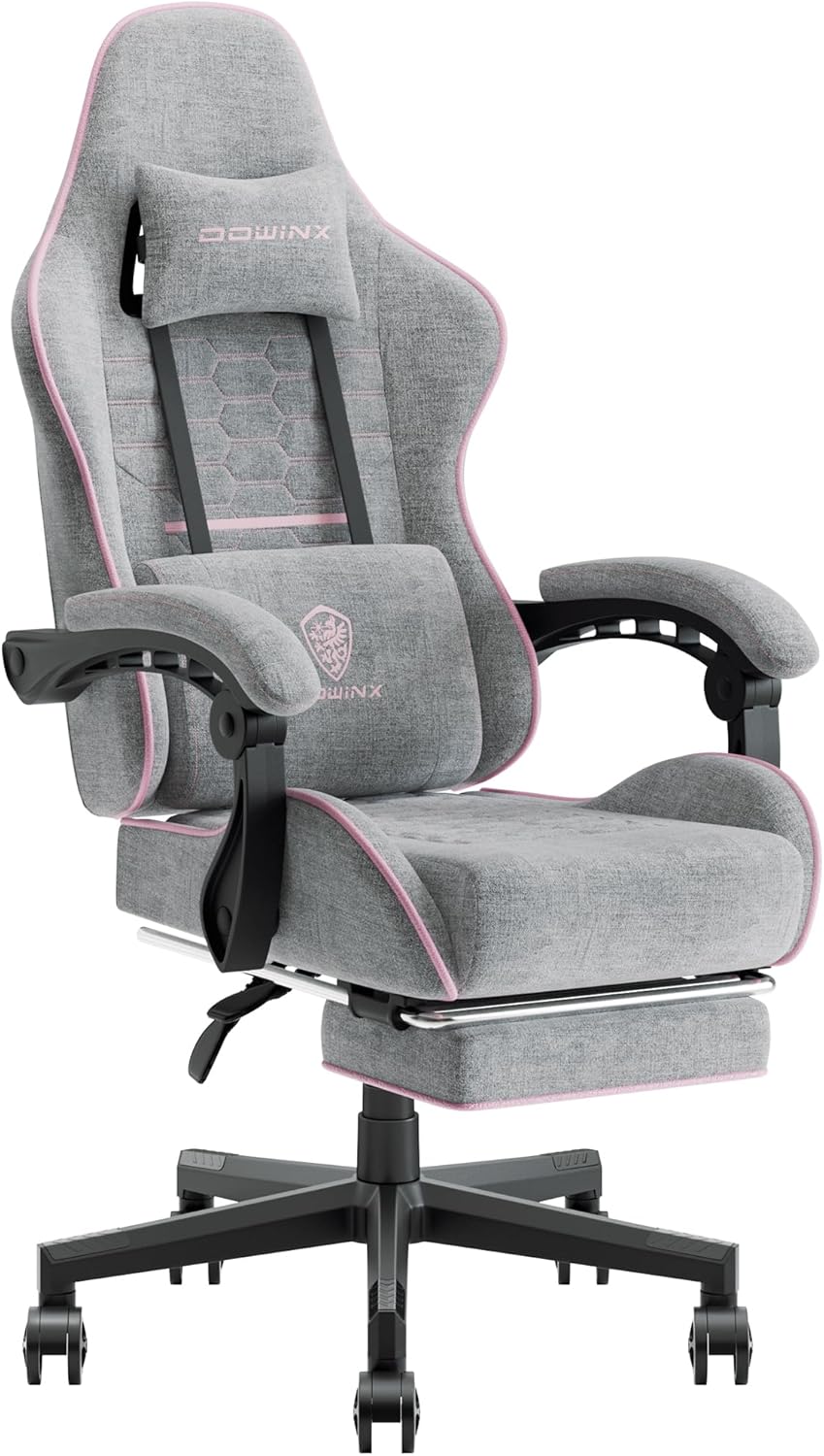 Dowinx Gaming Chair Fabric with Pocket Spring Cushion, Massage Game Chair Cloth with Headrest, Ergonomic Computer Chair with Footrest 290LBS, Blue and Grey