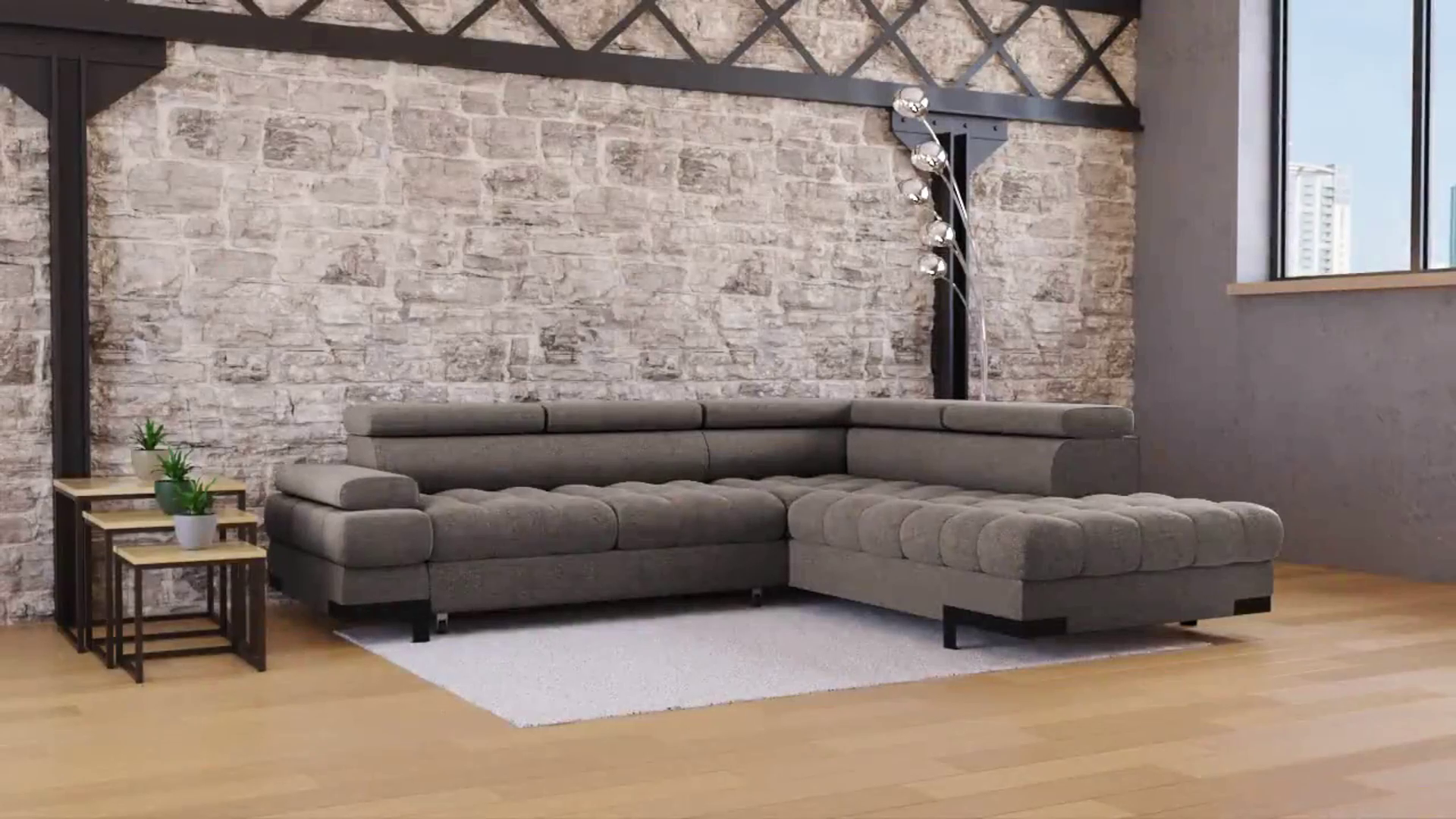 Canapé d'angle gauche/droite convertible SELVA 4 pl Tissu taupe Coffre de rangement