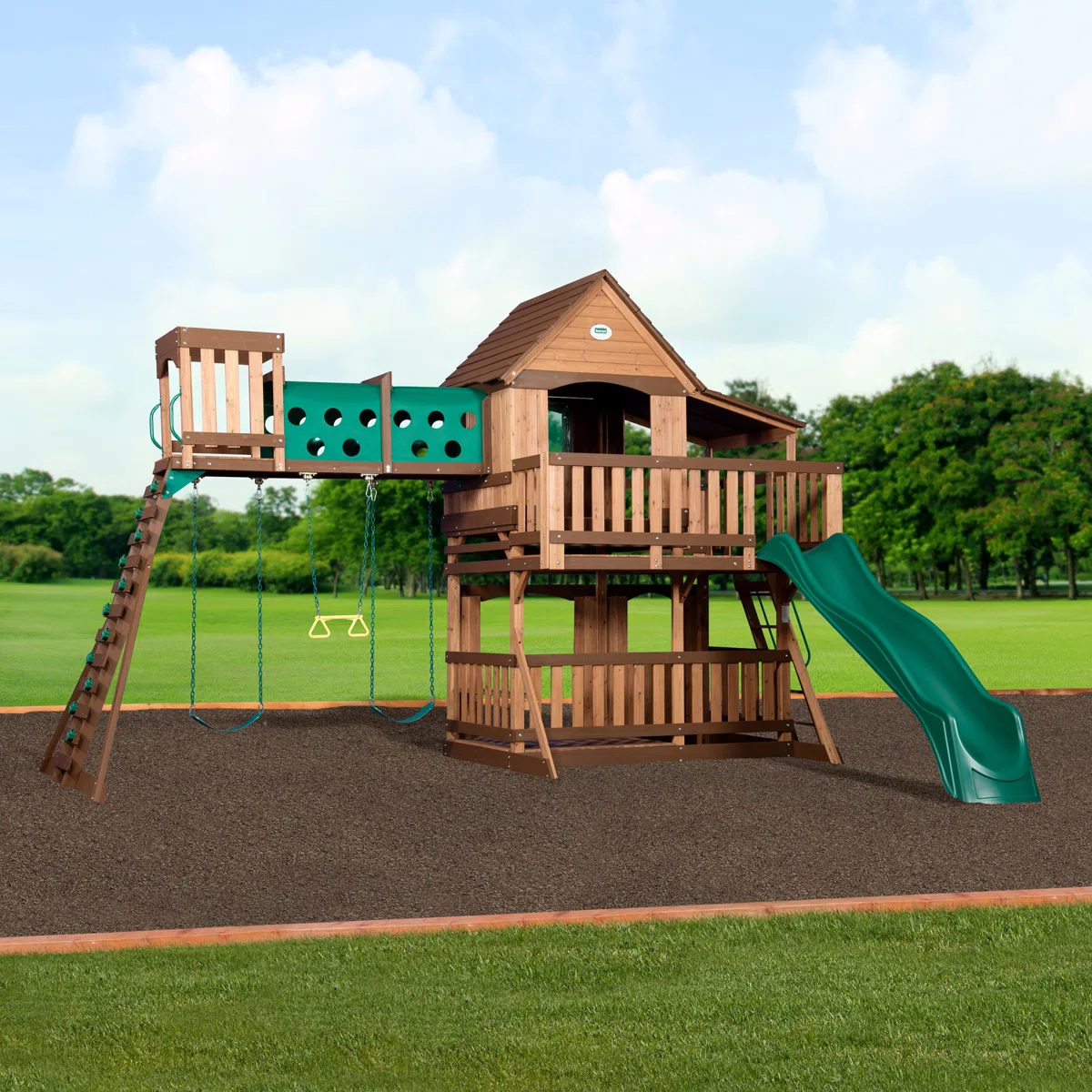 Backyard Discovery Woodridge Elite Cedar Wood Swing Set with Wave Slide, Clubhouse, Crawl Tunnel, and Crow's Nest