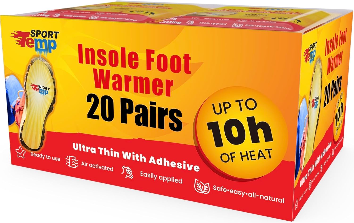 Insole Foot Warmers - Up to 10 Hours of Heat, Easily Apply with Adhesive - Ultra Thin, Easy, All Natural - Air Activated, Odorless Hot Insole Warmers - Sport Temp
