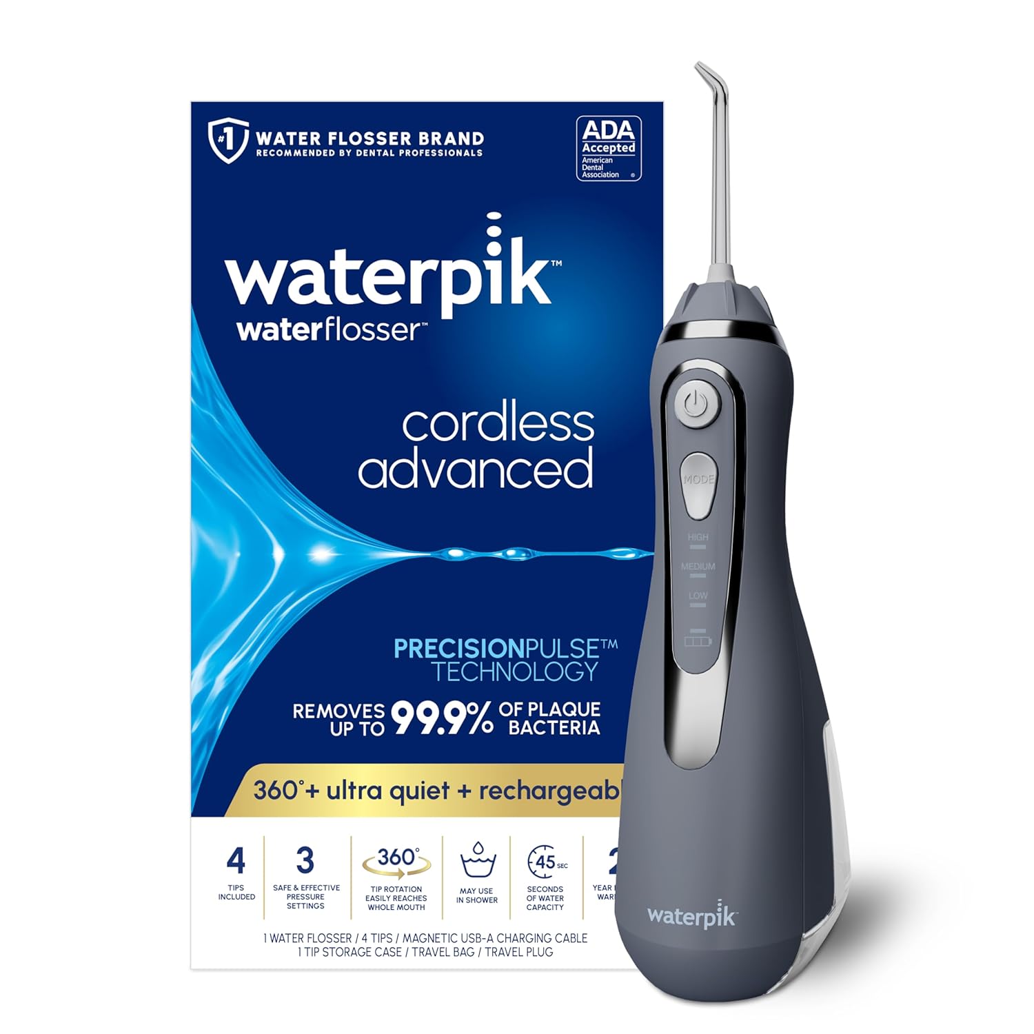 Waterpik Cordless Advanced 2.0 Water Flosser For Teeth, Gums, Braces, Dental Care With Travel Bag and 4 Tips, ADA Accepted, Rechargeable, Portable, and Waterproof, Black WP-582, Packaging May Vary