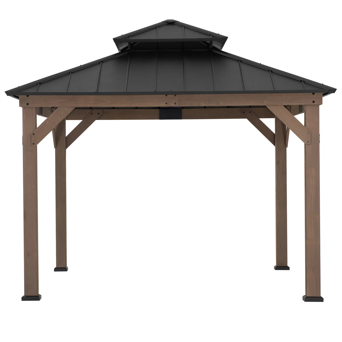 Sunjoy 11 x 11 ft. Wood Gazebo Standard Cedar Framed Gazebos with Black Double Steel Hardtop Roof for Garden, Backyard Shade