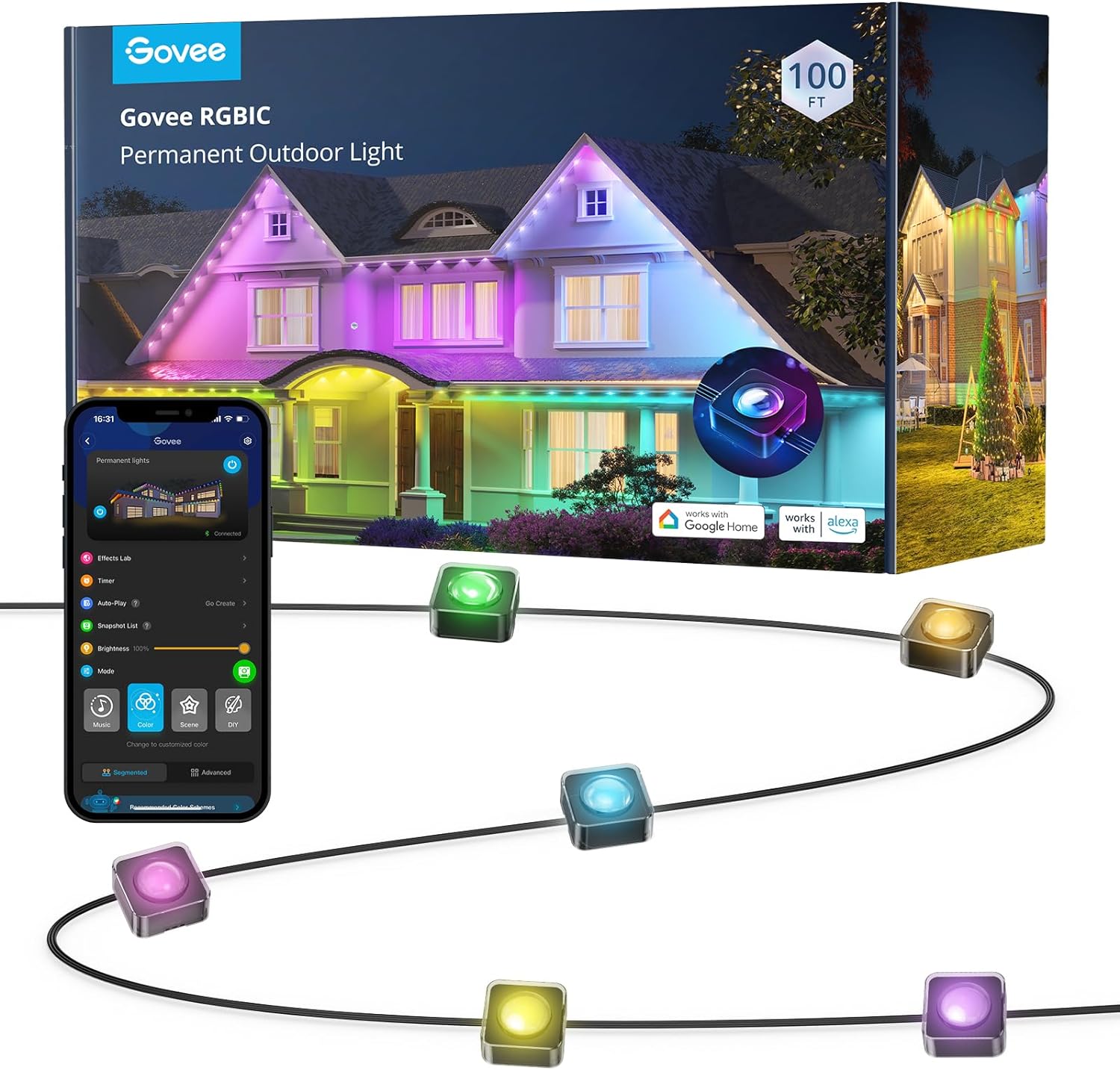 Govee Permanent Outdoor Lights, Smart RGBIC Outdoor Lights with 75 Scene Modes, 100ft with 72 LED Christmas Lights, IP67 Waterproof for Christmas Decorations, Work with Alexa, Google Assistant, Black