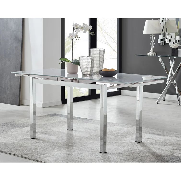 Wolcott Ana Luxury Glass and Chrome Extendable Dining Table - Modern Design Kitchen Table