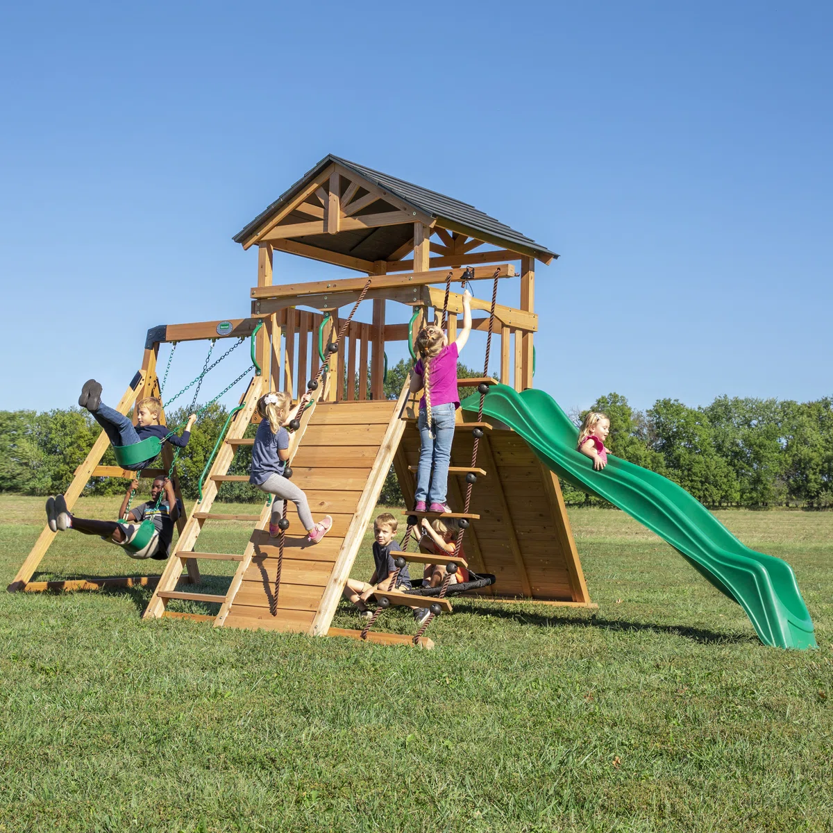 Backyard Discovery Endeavor Cedar Wood Swing Set with Wave Slide, Play Deck, Double Rock Wall, and Rope Ladder