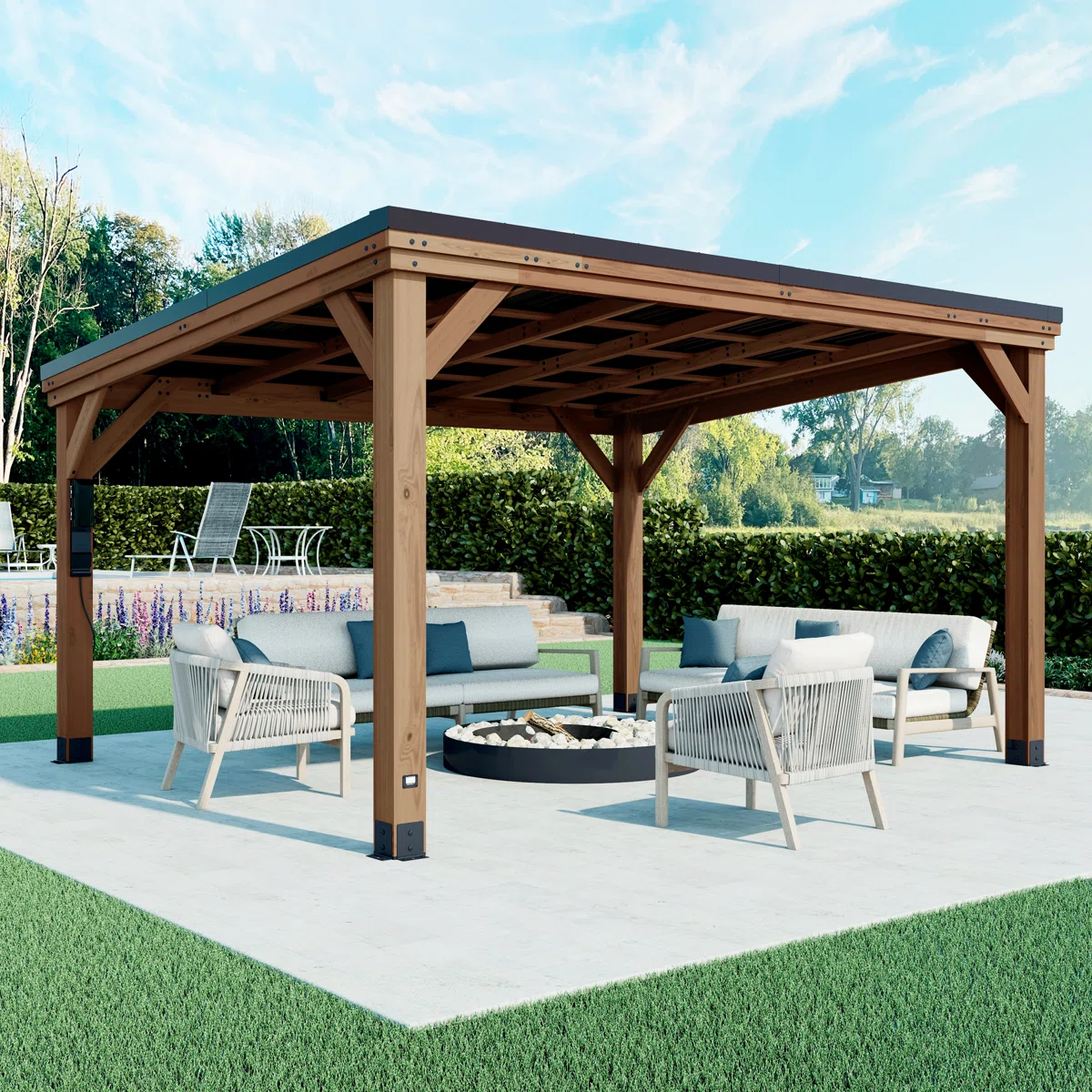 Backyard Discovery Arcadia 14' x 12' Cedar Wood Outdoor Patio Gazebo with Hardtop Galvanized Steel Slope Roof and PowerPort
