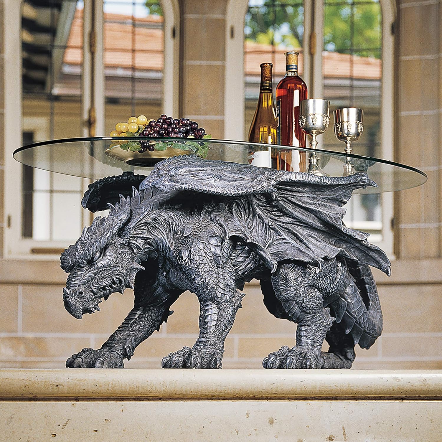 Design Toscano Warwickshire Dragon Gothic Decor Glass Topped Coffee Table, 39 Inch, Greystone