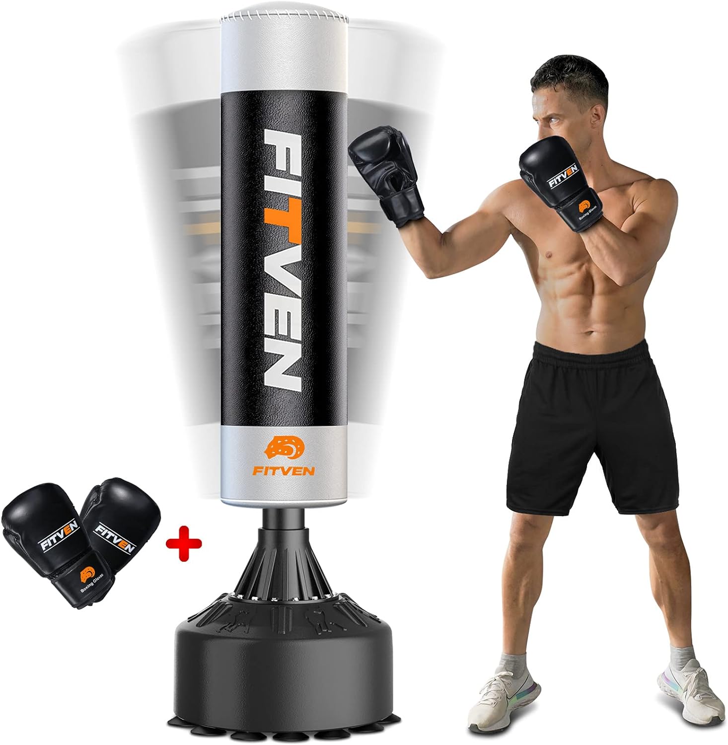 FITVEN Freestanding Punching Bag with Boxing Gloves Heavy Boxing Bag with Suction Cup Base for Adult Kids - Men Stand Kickboxing Bag